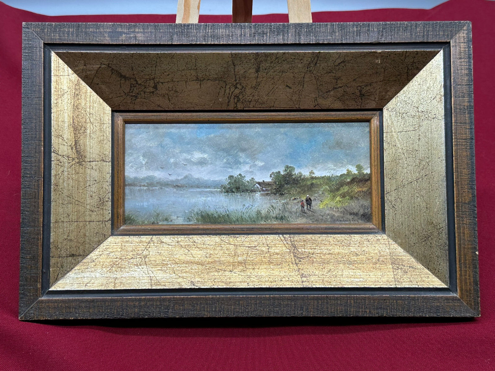 ÖLGEMÄLDE PRUNKRAHMEN PERSONEN AM SEE LANDSCHAFT IM OSTALGÄU LUDWIG FREY