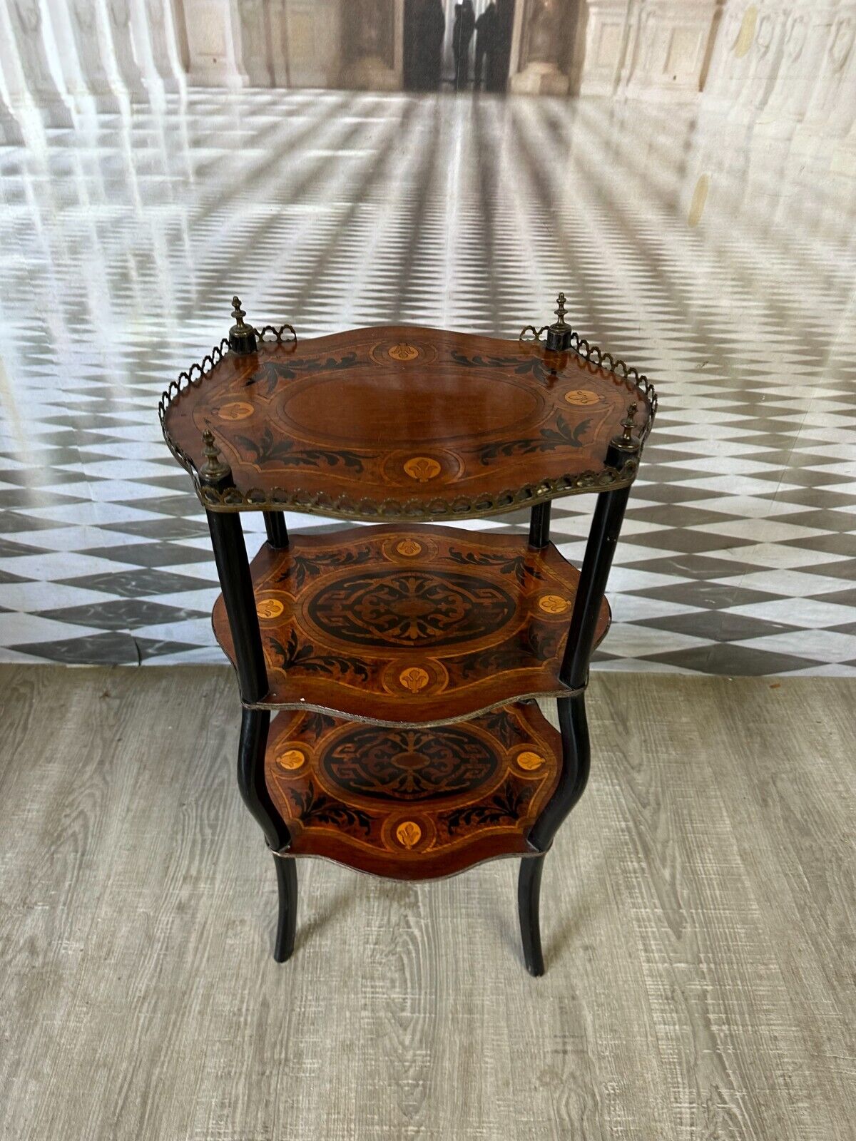 ANTIKE ETAGERE BEISTELLTISCH UM 1880 NAPOLEON III INTARSIEN MESSING BESCHLAG – Bild 11