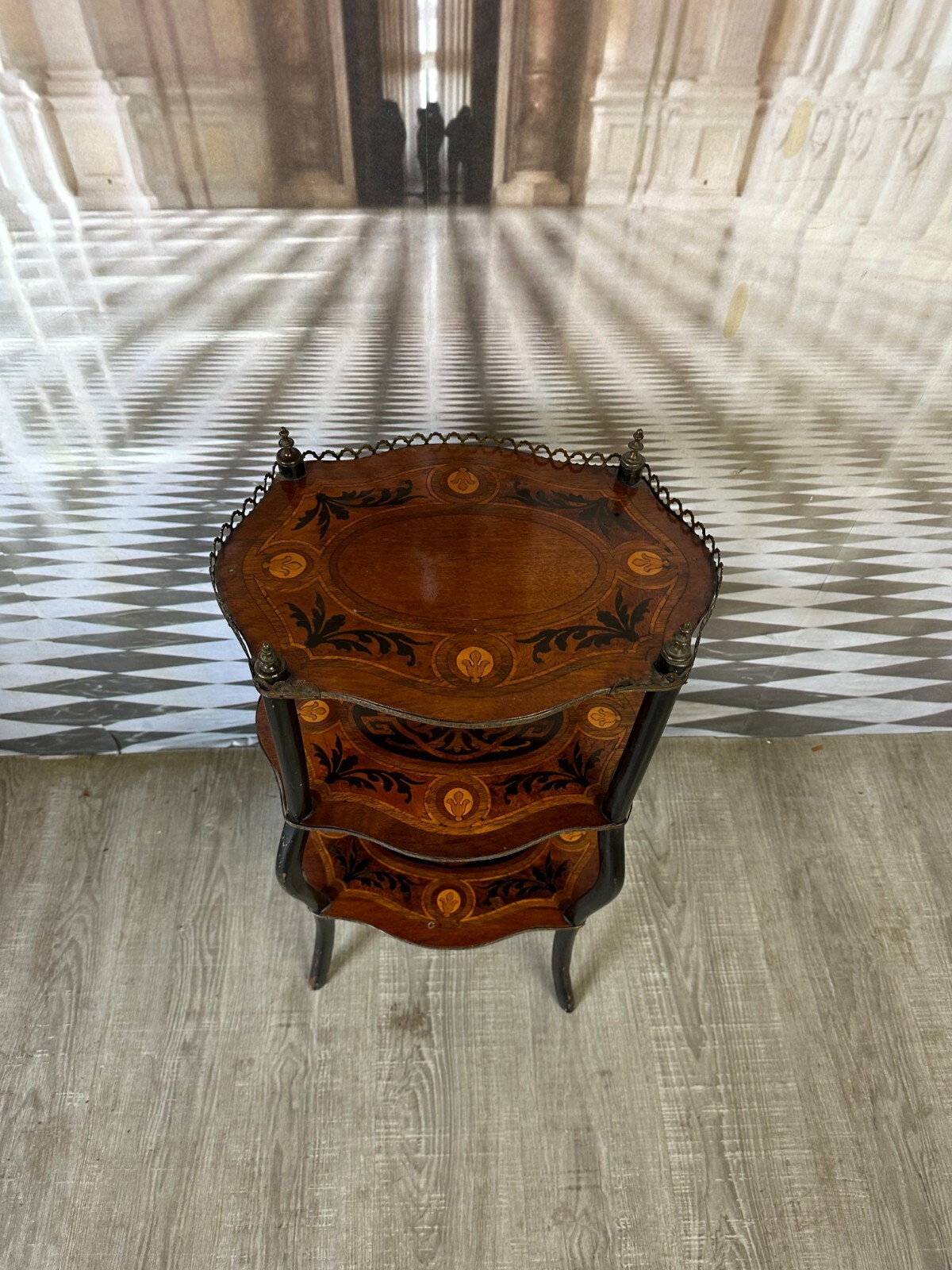 ANTIKE ETAGERE BEISTELLTISCH UM 1880 NAPOLEON III INTARSIEN MESSING BESCHLAG – Bild 3
