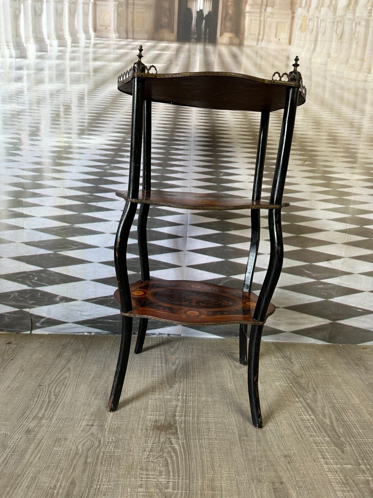 ANTIKE ETAGERE BEISTELLTISCH UM 1880 NAPOLEON III INTARSIEN MESSING BESCHLAG – Bild 10