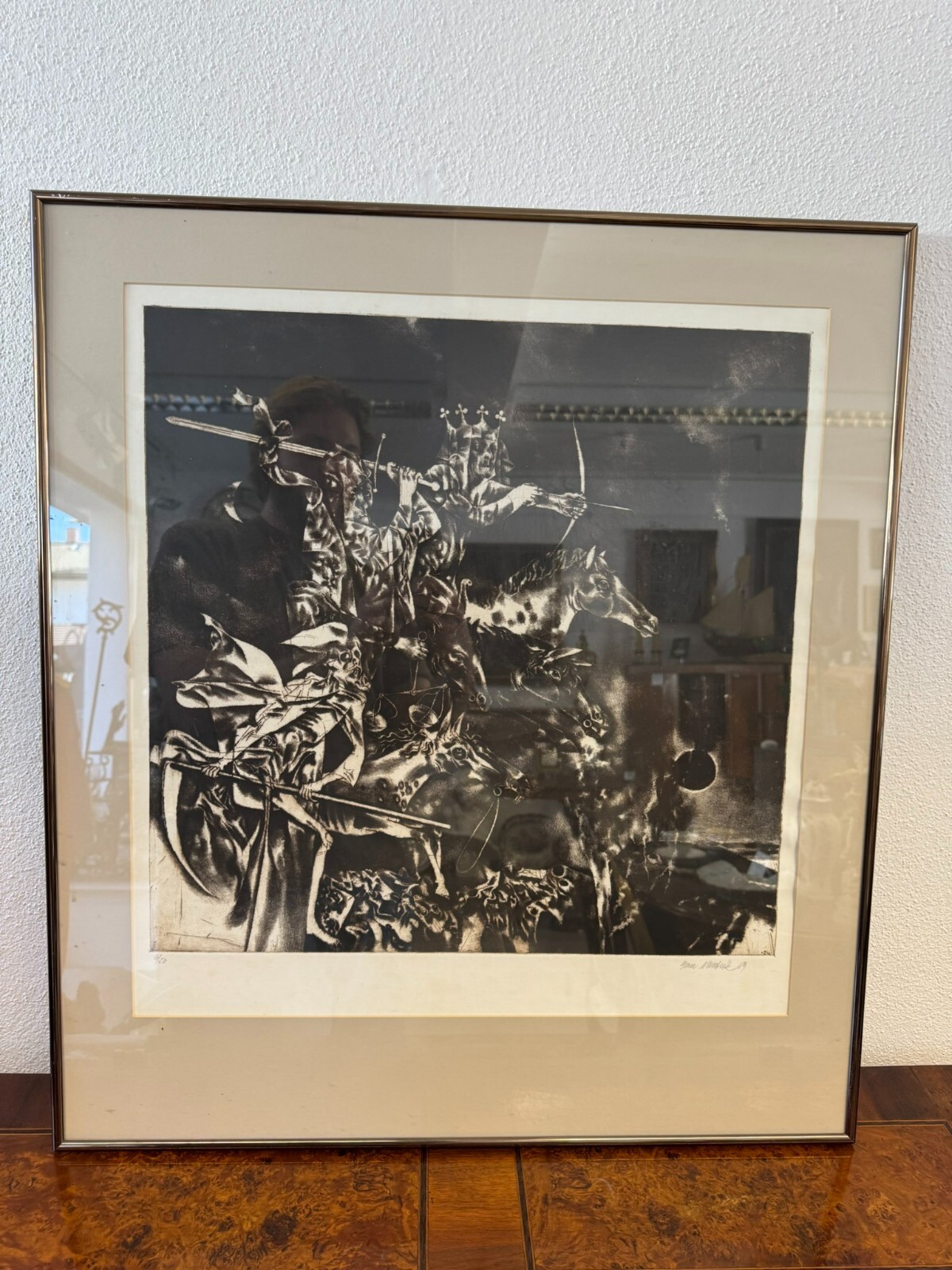 Jan MENTLÍK (1929) SIGNIERTE LITHOGRAFIE HINTER GLAS KÖNIG AUF PFERD