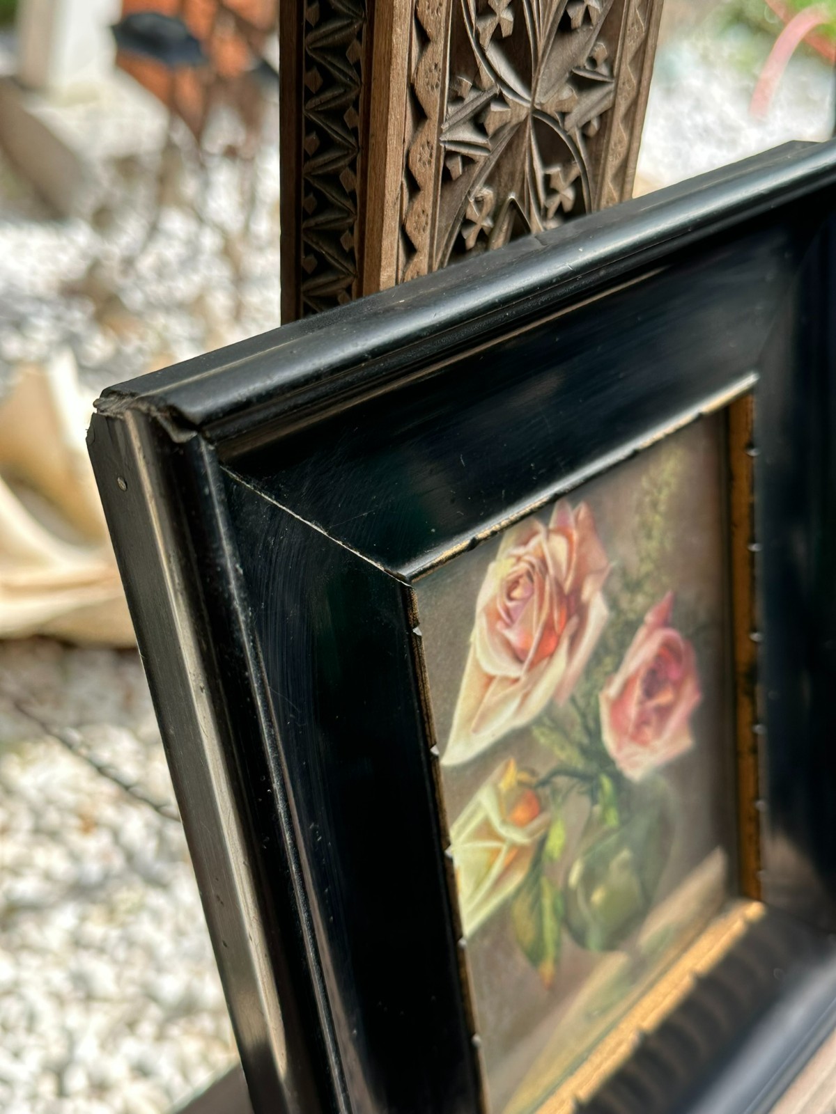 ANTIKER RAHMEN KLAVIERLACKRAHMEN SCHWARZ 21,5x25cm FALZ 13x16,7cm – Bild 6