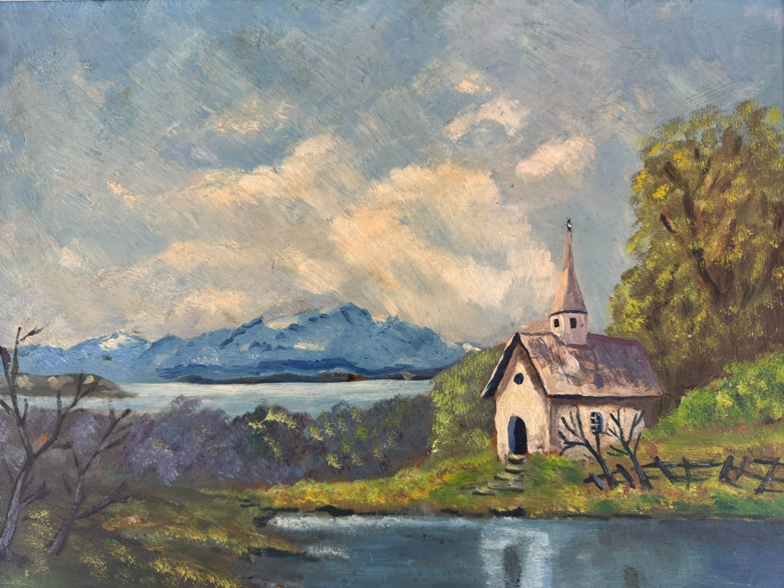 ÖLGEMÄLDE LANDSCHAFT KAPELLE AM SEE