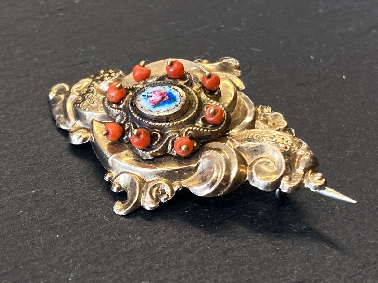 ANTIKE BROSCHE 19 TES JHDT 12K GOLD MIT KARNEOL / KORALLE – Bild 5
