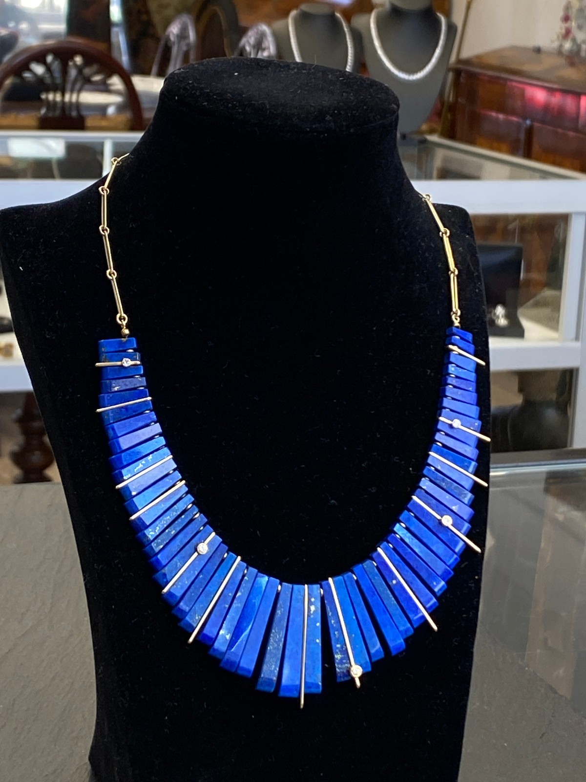 VINTAGE COLLIER GELBGOLD GOLD 14K 585 1970-er LAPISLAZULI LAPIS LAZULI DIAMANTEN