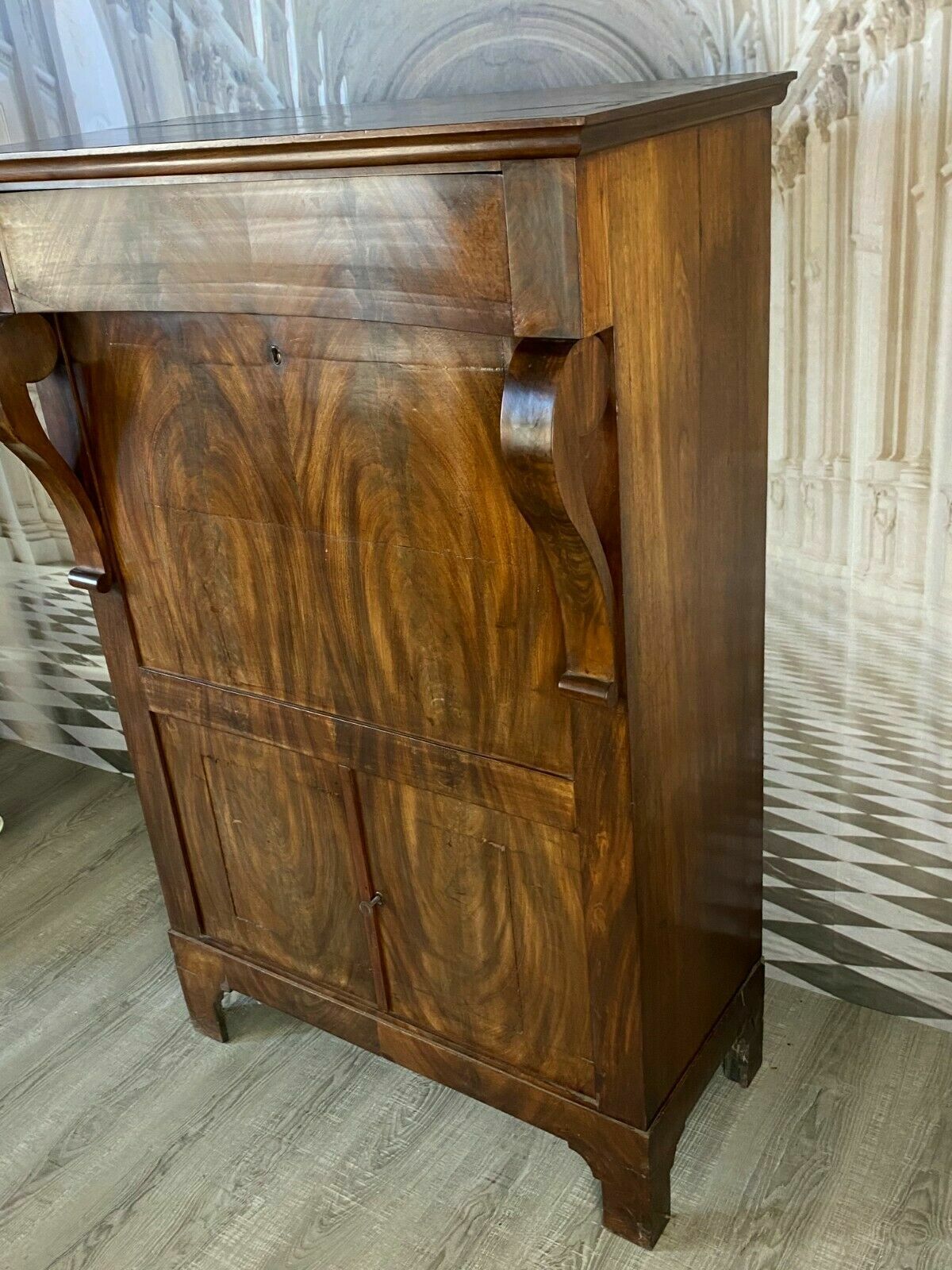 EMPIRE SEKRETÄR BIEDERMEIER UM 1820 HOLZ MAHAGONI-FURNIERT SCHÖNES INNENLEBEN – Bild 4
