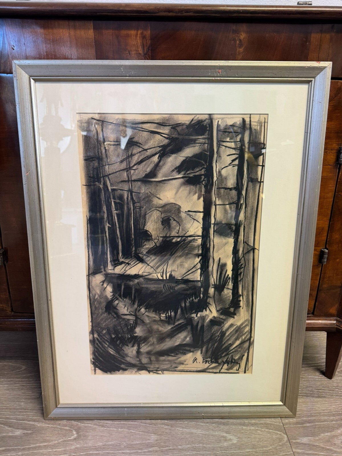 ROMAN PODRAZSKY KOHLESTIFT ZEICHNUNG BÖHMERWALD III GERAHMT