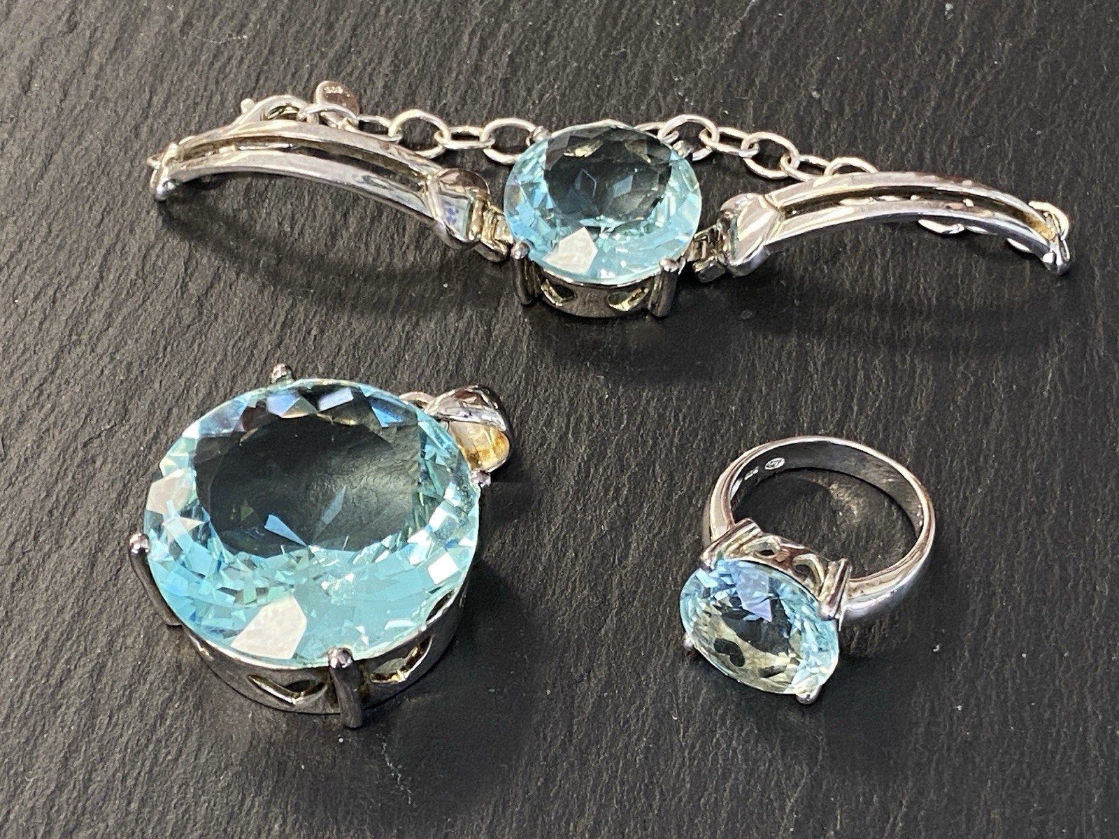 SET SCHMUCK MODE ARMBAND RING ANHÄNGER GLAS AQUA FARBE 925 STERLING SILBER