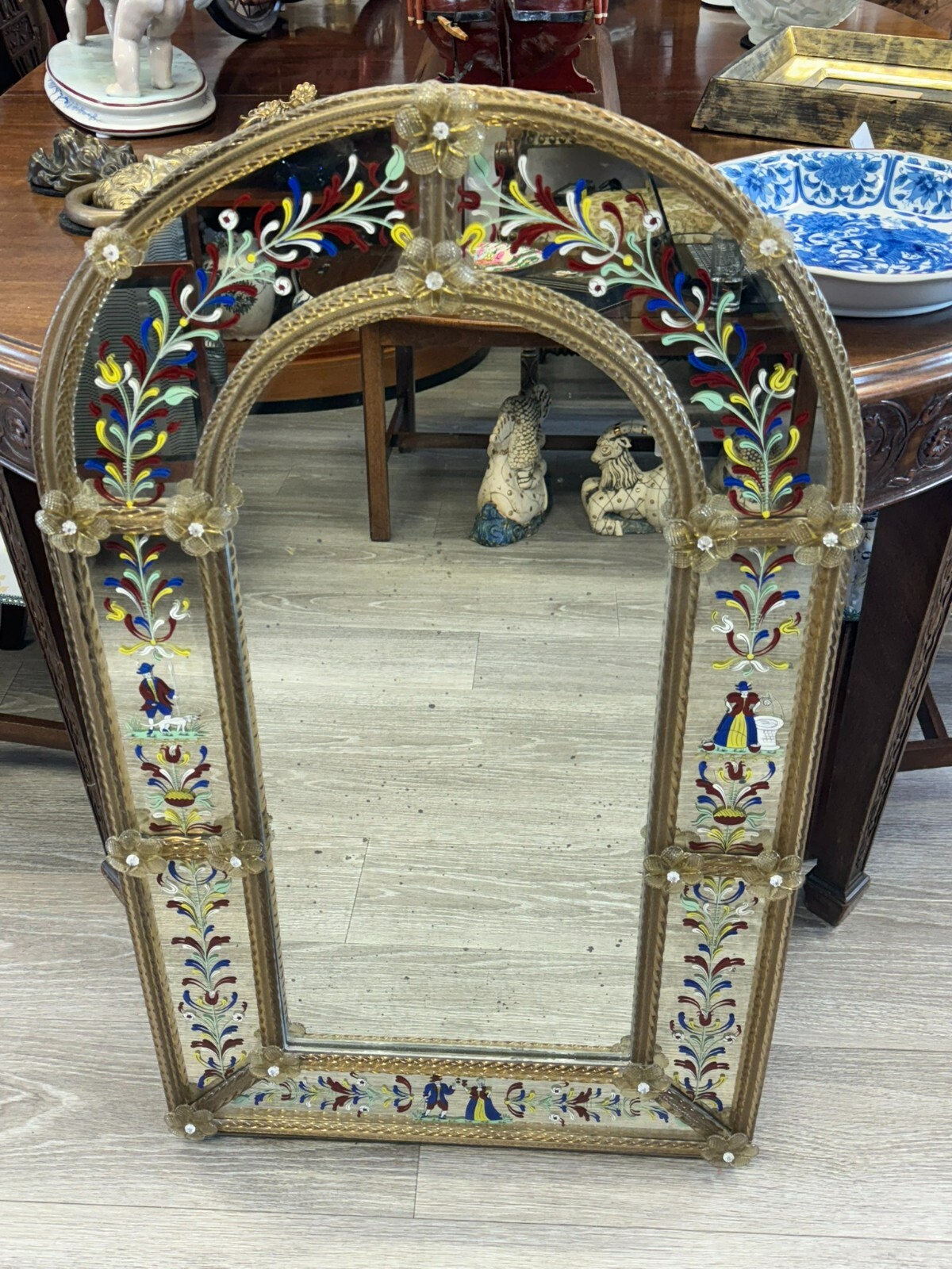 ANTIKER MURANO WANDSPIEGEL SPIEGEL HANDBEMALT GLAS RAHMEN