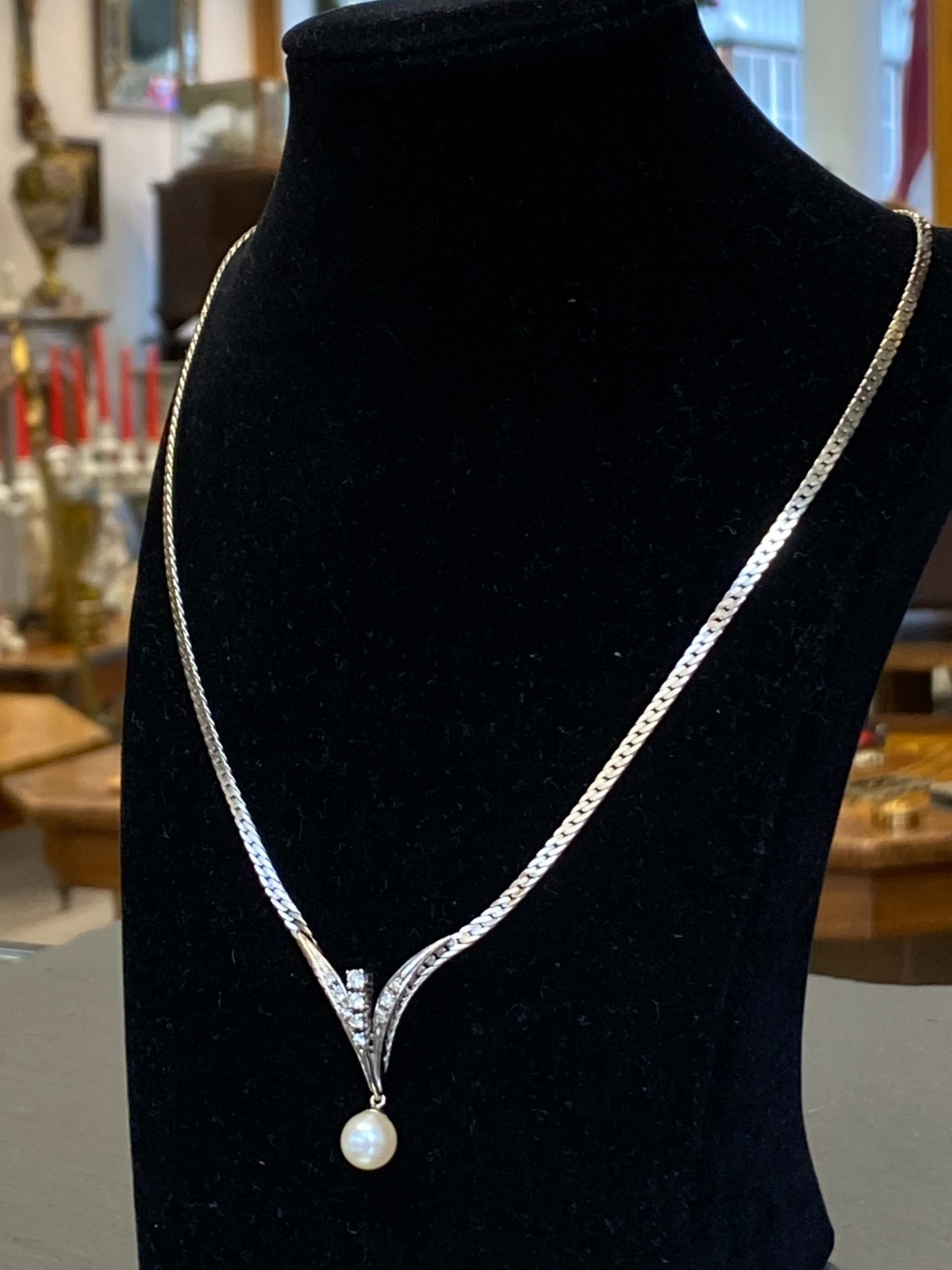 ELEGANTES COLLIER WEISSGOLD GOLD 585 16,6g MIT PERLE UND DIAMANTEN HALSKETTE