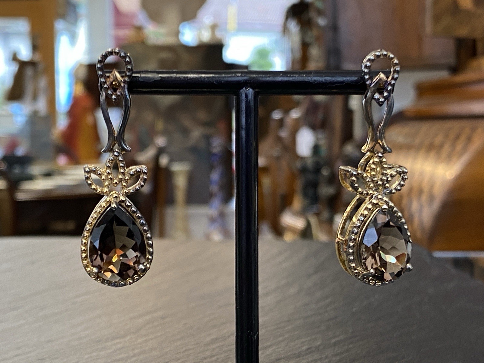 OHRHÄNGER RAUCHQUARZ 925 STERLING SILBER TROPFENSCHLIFF TROPFEN VERGOLDET