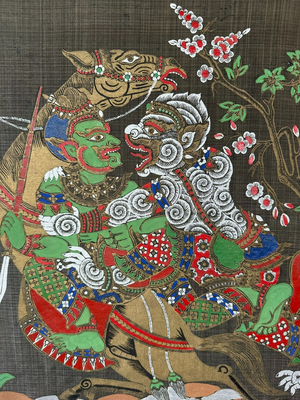 INDONESISCHE MALEREI AUF STOFF SEHR GUT GERAHMT FABELWESEN GOTTHEIT