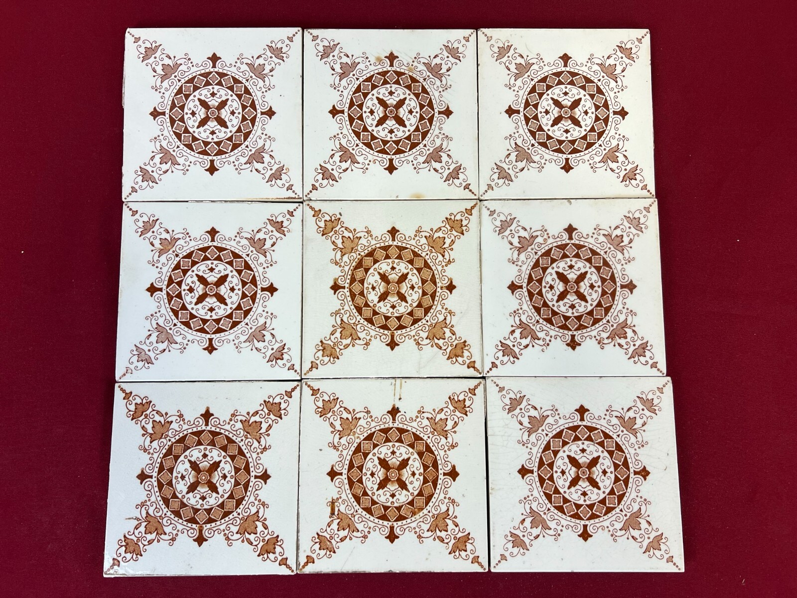 ANTIKE JUGENDSTIL FLIESEN 9 STÜCK SET KACHELN UM 1910 15x15cm AUS KERAMIK