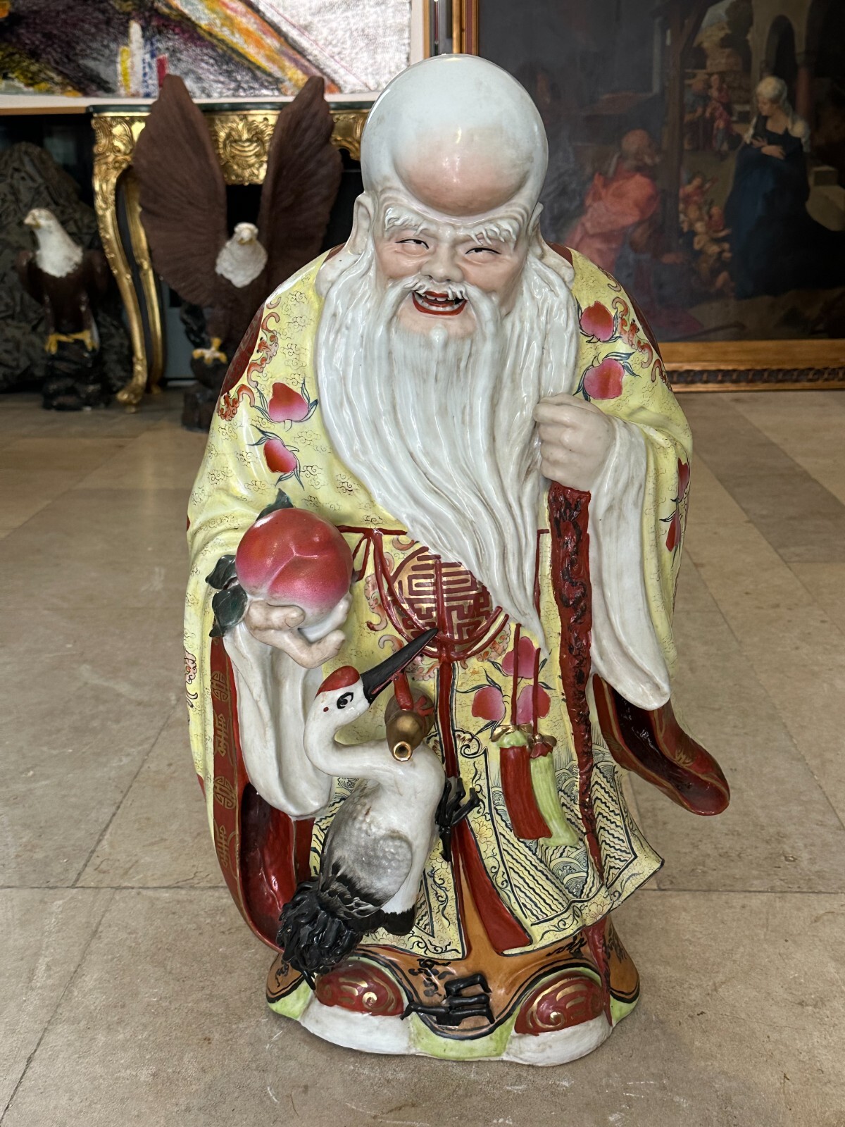 GROSSE PORZELLAN FIGUR CHINA GELEHRTER MIT KRANICH HANDBEMALT 70cm