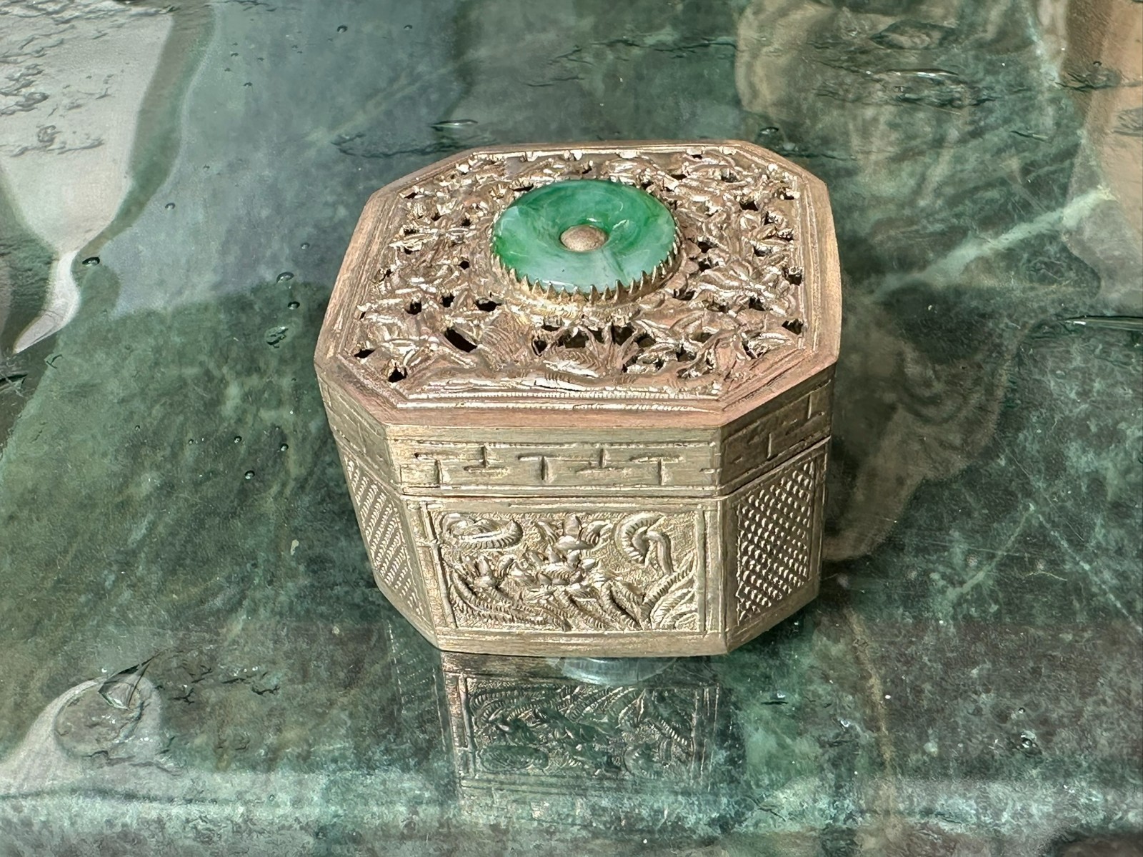 DECKEL DOSE SCHATULLE METALL VERSILBERT MIT JADE UND PERLE