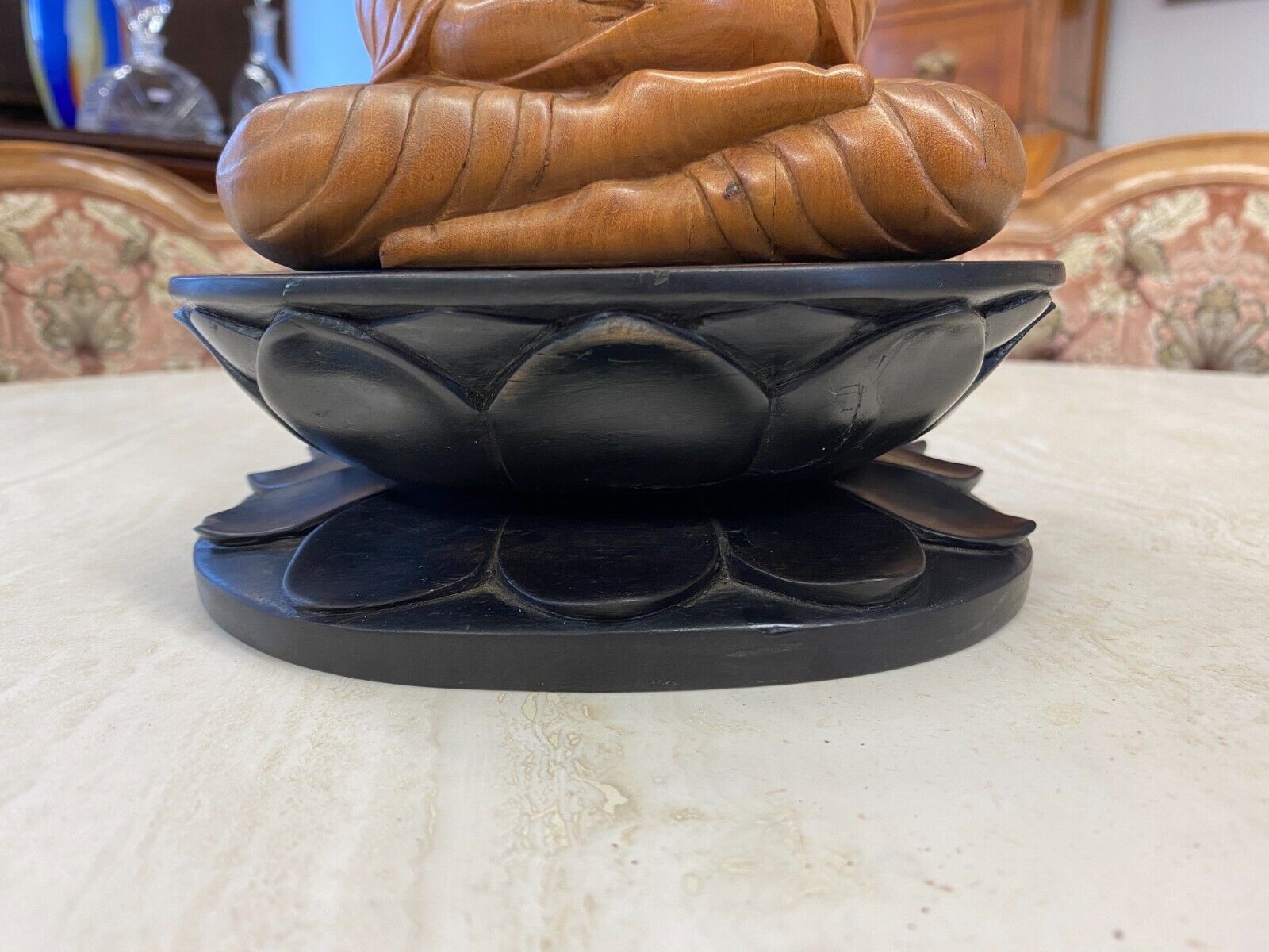 CHINA SKULPTUR AUS HOLZ BUDDHA AUF PODEST 28cm HOCH – Bild 6