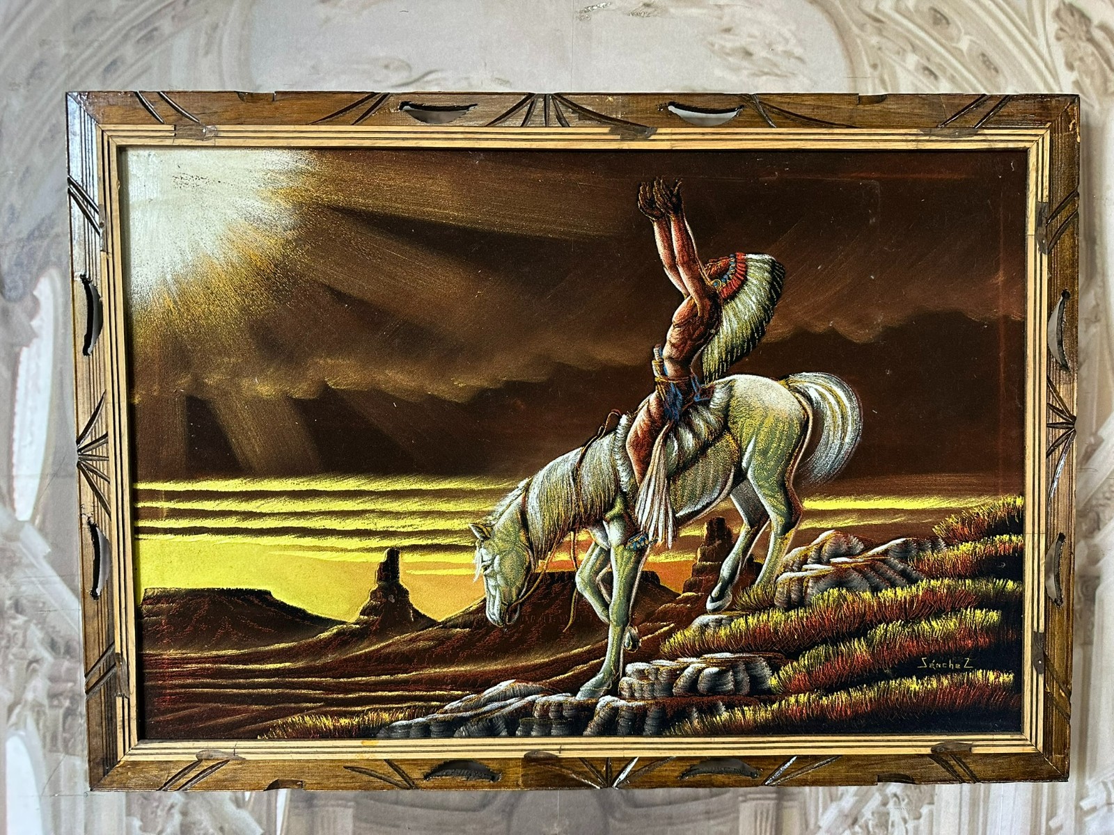 MIXED MEDIA TEIL BEMALTER DRUCK INDIANER AUF PFERD GERAHMT MEXICO – Bild 3
