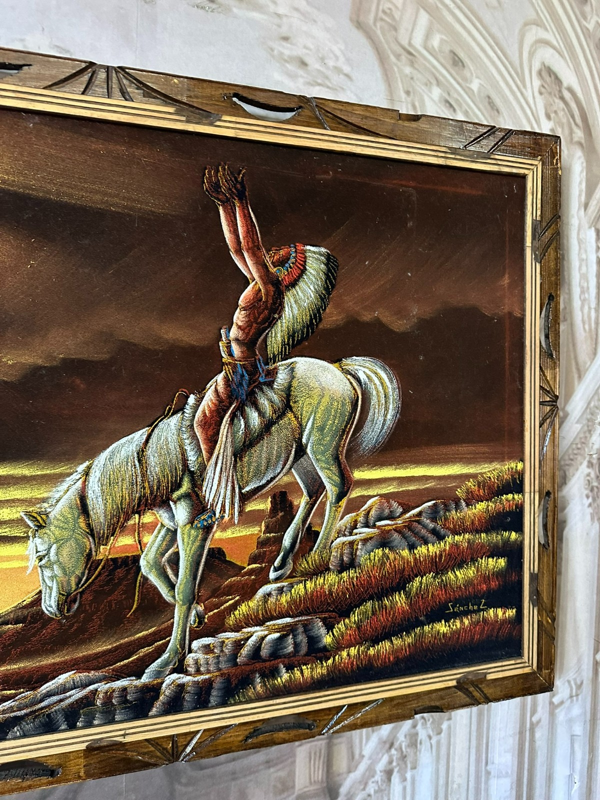 MIXED MEDIA TEIL BEMALTER DRUCK INDIANER AUF PFERD GERAHMT MEXICO – Bild 7