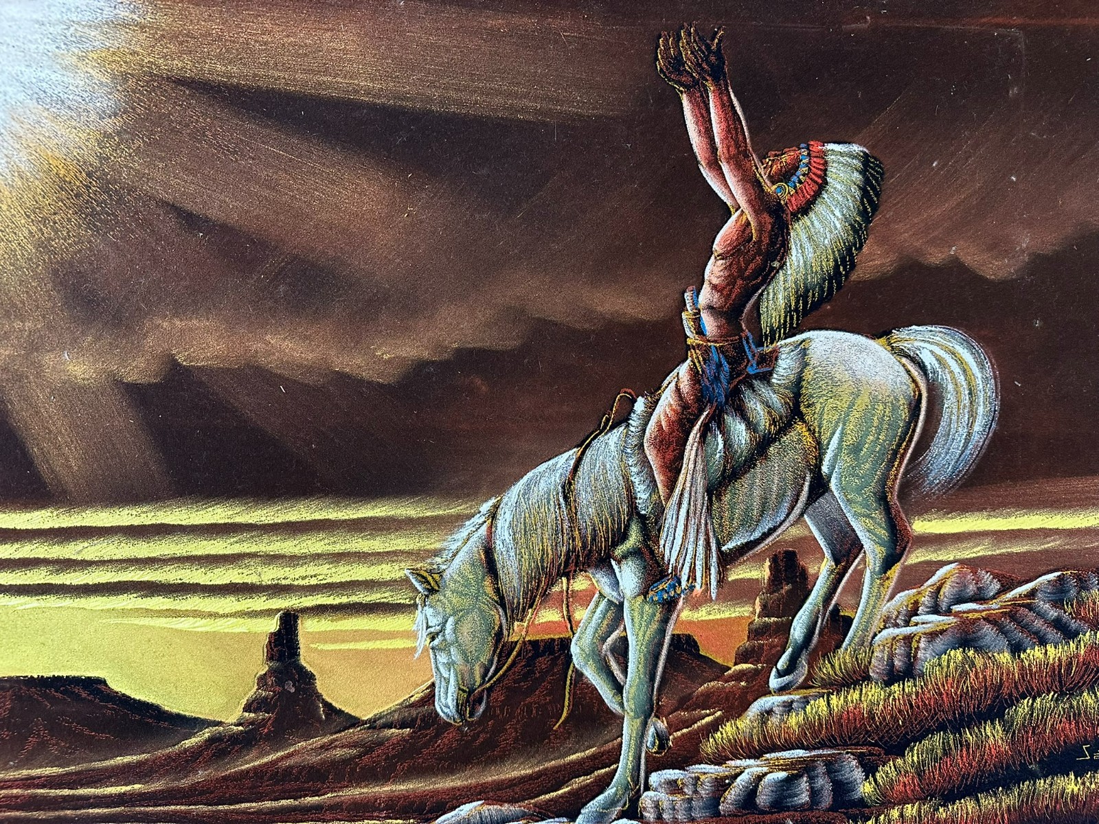 MIXED MEDIA TEIL BEMALTER DRUCK INDIANER AUF PFERD GERAHMT MEXICO