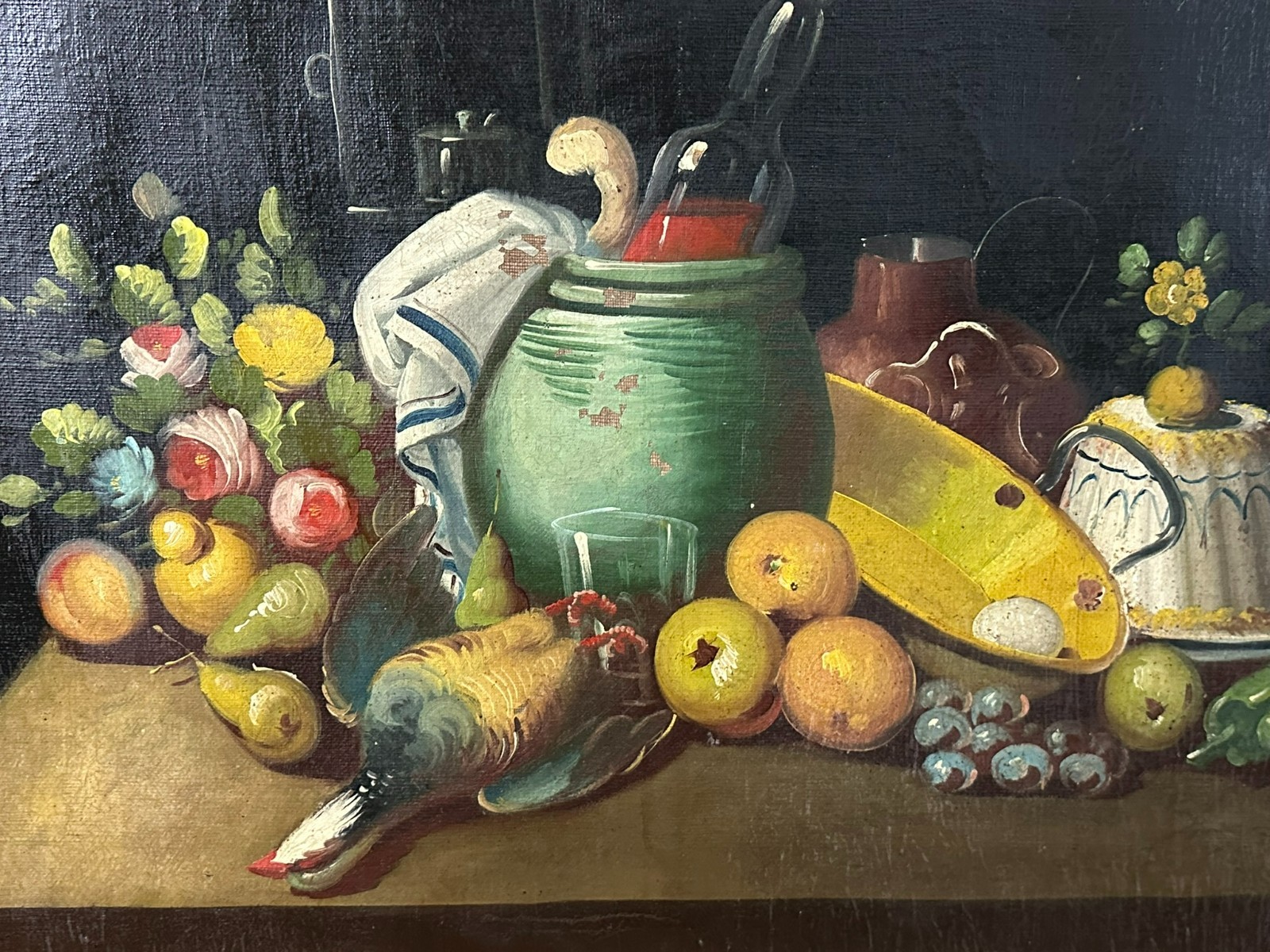 ALTES  ÖLGEMÄLDE STILLLEBEN MIT BLUMEN UND OBST