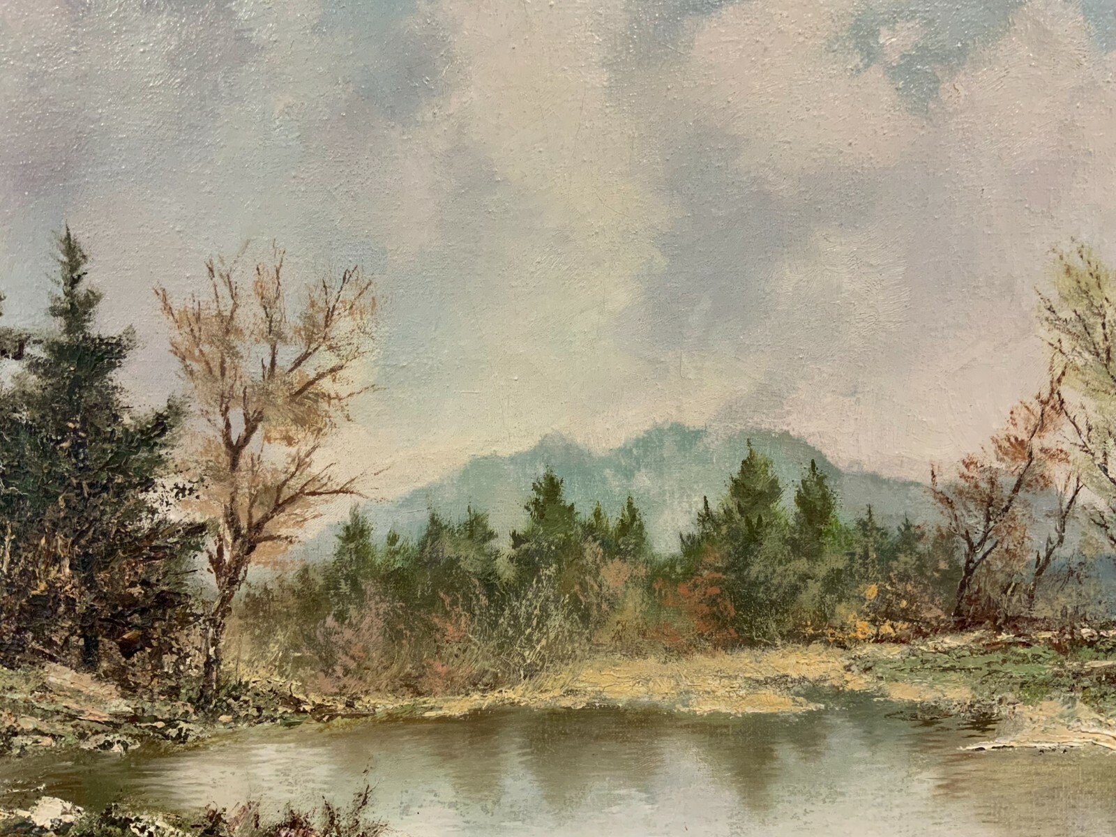 ÖLGEMÄLDE WEIHER LANDSCHAFT ÖL AUF LEINWAND SEHR FILIGRAN MIT RAHMEN 47x37cm – Bild 3