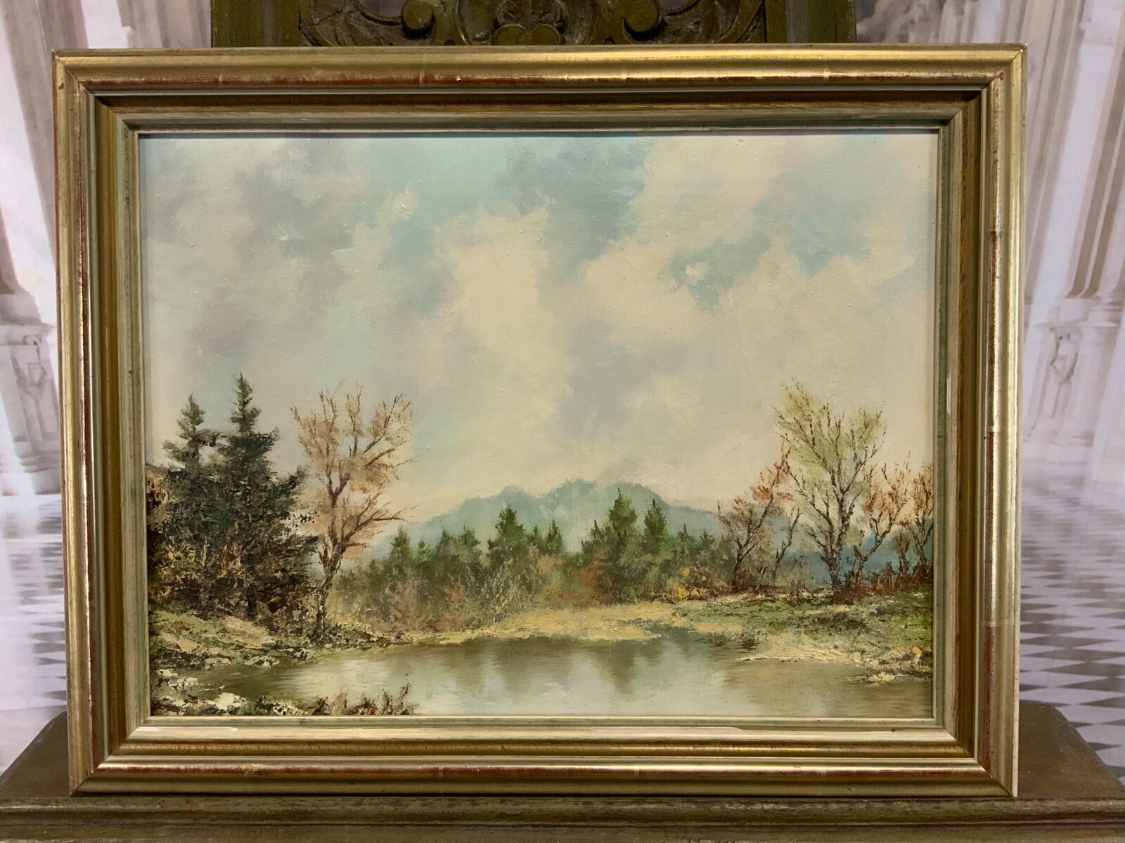 ÖLGEMÄLDE WEIHER LANDSCHAFT ÖL AUF LEINWAND SEHR FILIGRAN MIT RAHMEN 47x37cm – Bild 4