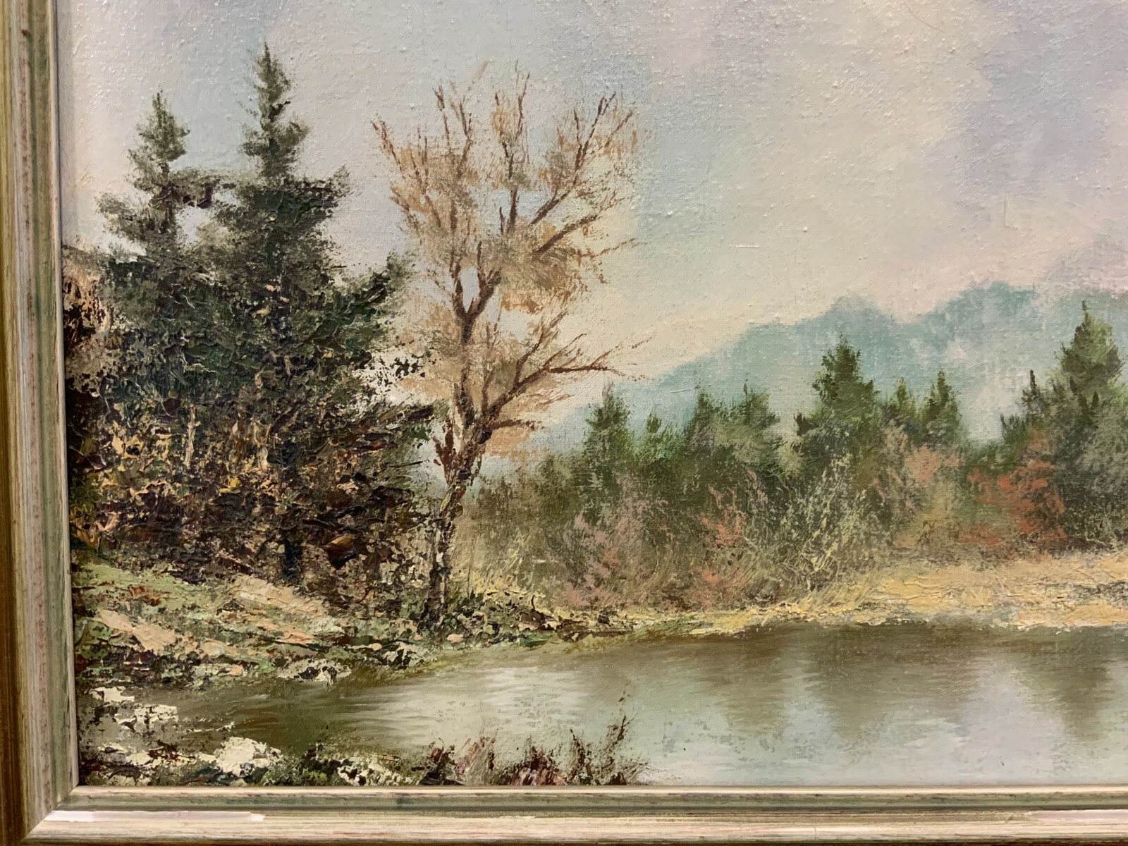 ÖLGEMÄLDE WEIHER LANDSCHAFT ÖL AUF LEINWAND SEHR FILIGRAN MIT RAHMEN 47x37cm – Bild 7