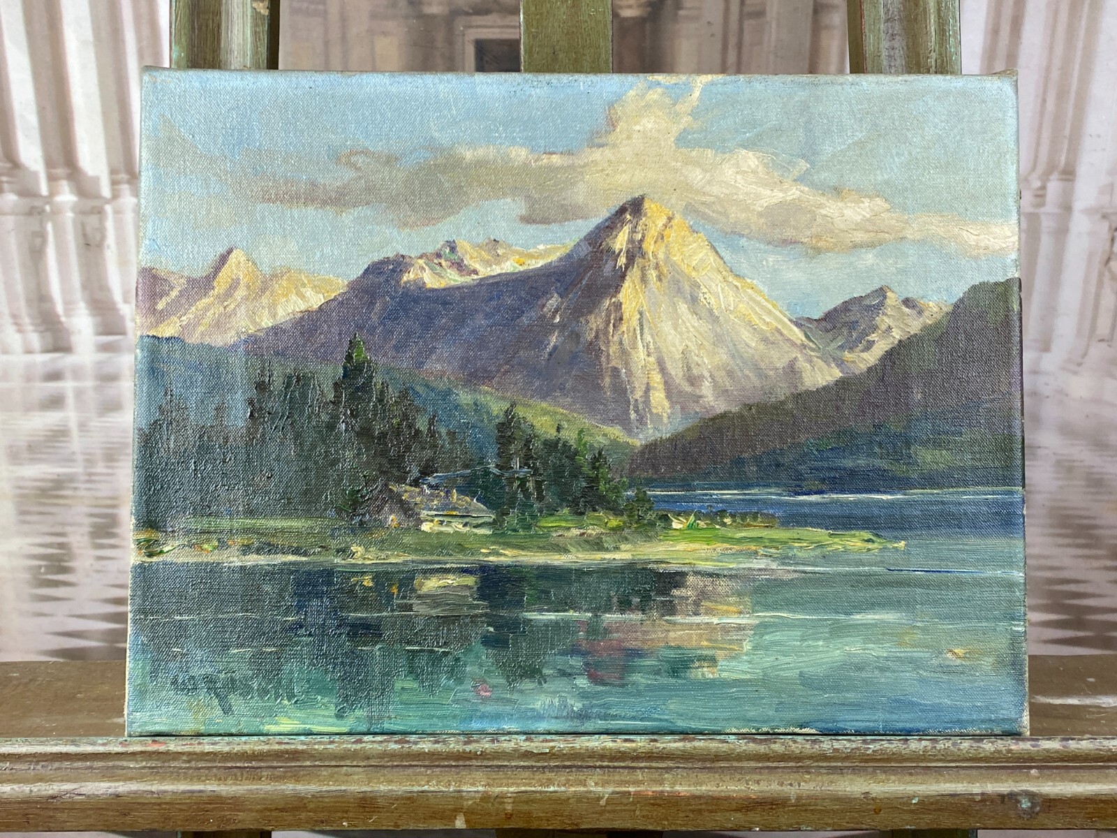 ÖLGEMÄLDE LANDSCHAFT SEE VOR GEBIRGE GEMÄLDE SIGNIERT W. RÖSCH – Bild 3