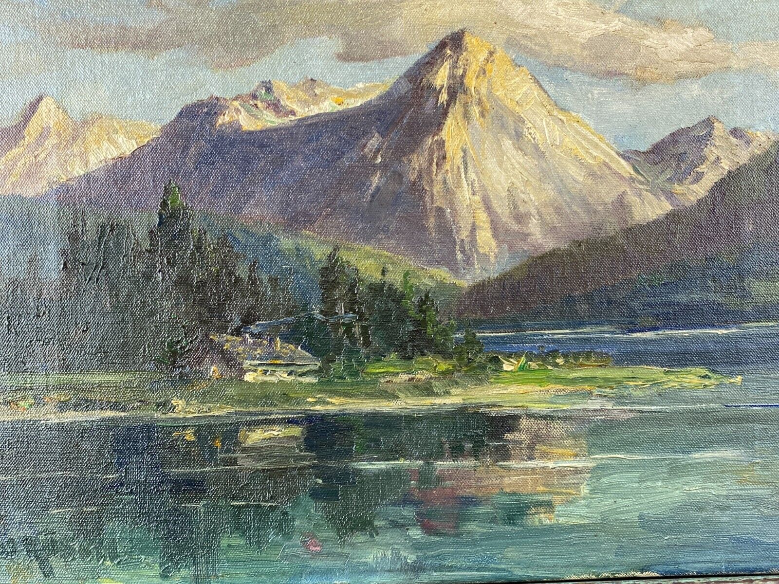 ÖLGEMÄLDE LANDSCHAFT SEE VOR GEBIRGE GEMÄLDE SIGNIERT W. RÖSCH