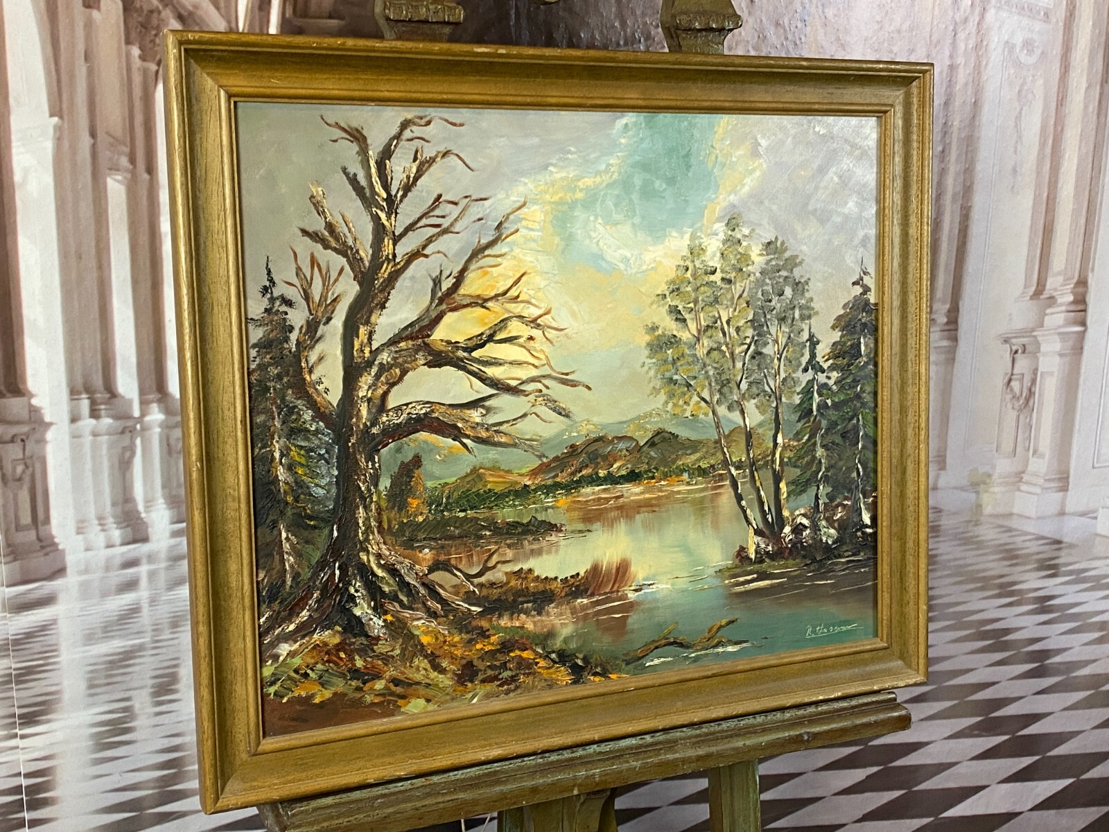 ÖLGEMÄLDE SIGNIERT R. HEISERN - SEE LANDSCHAFT VOR GEBIRGE – Bild 12