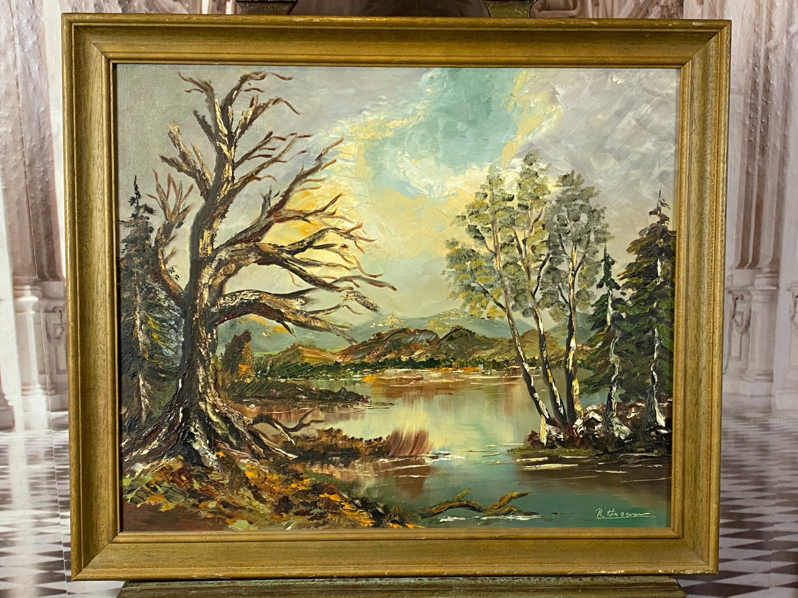 ÖLGEMÄLDE SIGNIERT R. HEISERN - SEE LANDSCHAFT VOR GEBIRGE – Bild 3