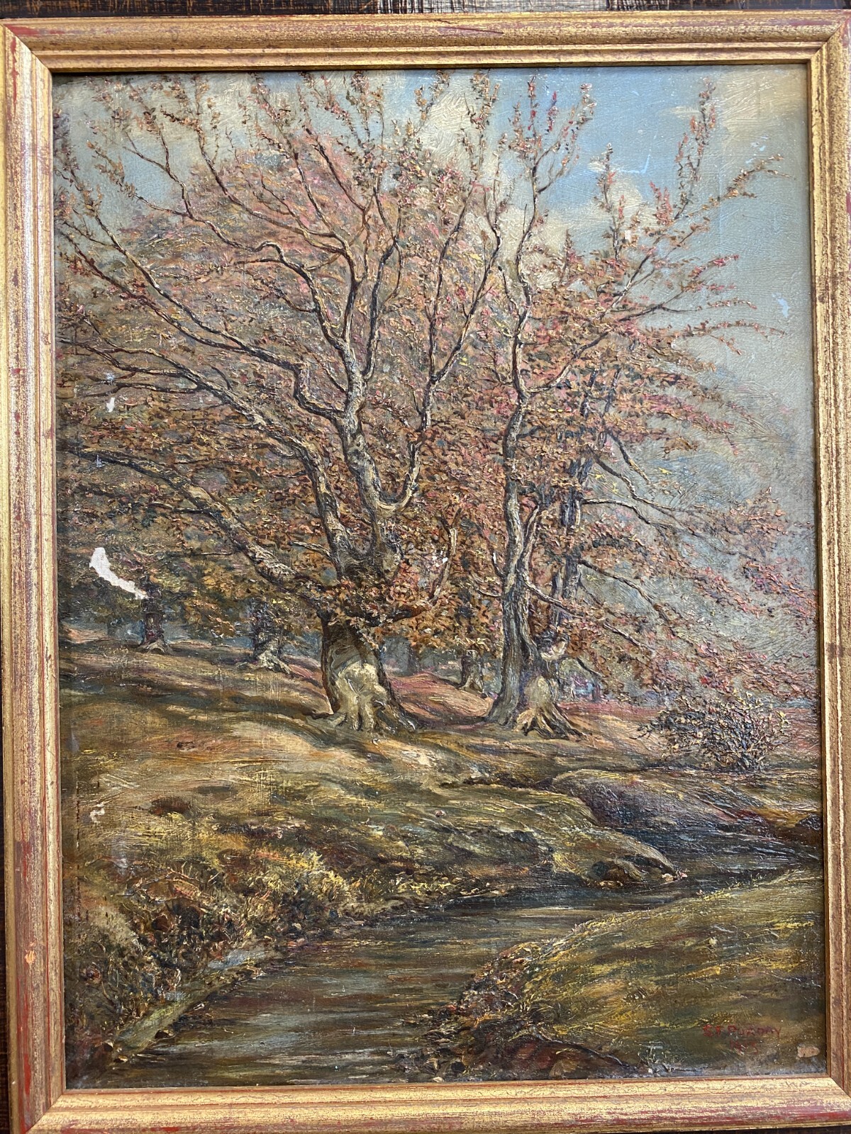 ANTIKES ÖLGEMÄLDE VON 1913 LANDSCHAFT MIT BÄUMEN GEMÄLDE SIGNIERT PÜRDAY – Bild 4
