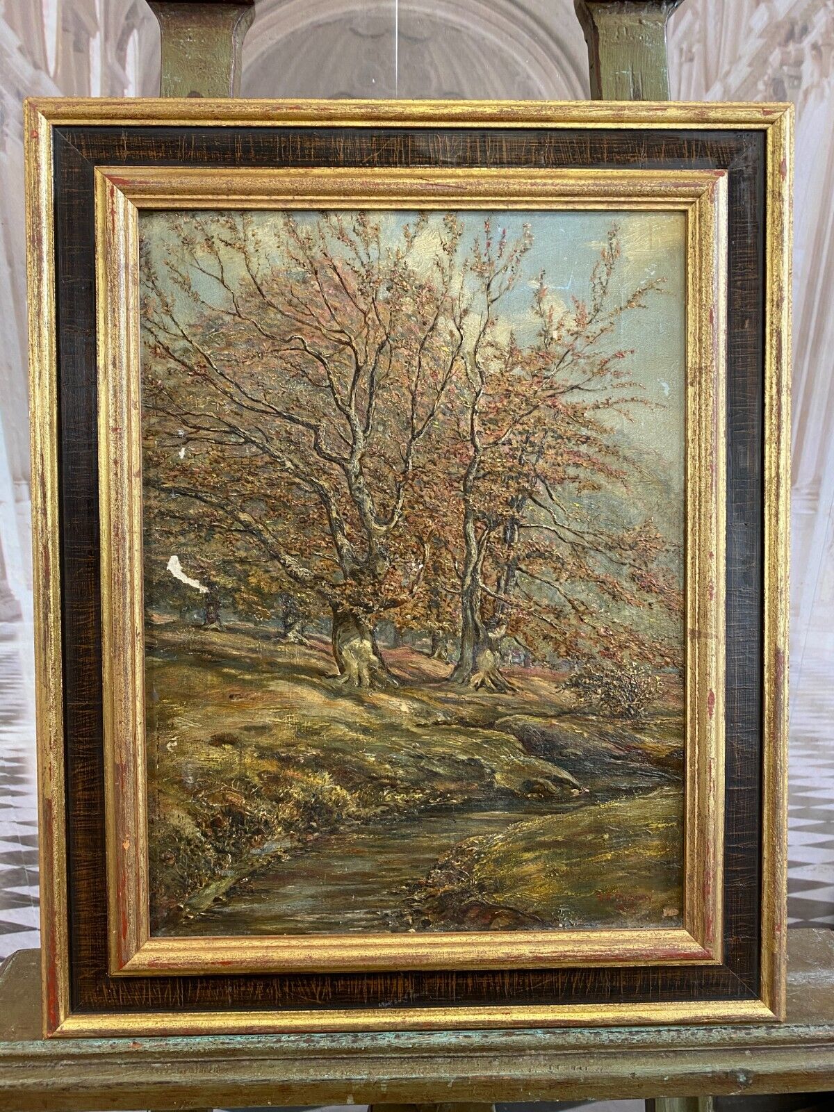 ANTIKES ÖLGEMÄLDE VON 1913 LANDSCHAFT MIT BÄUMEN GEMÄLDE SIGNIERT PÜRDAY