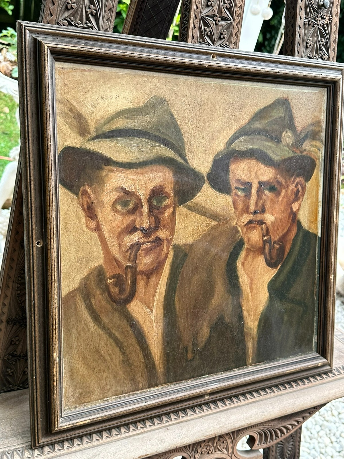 ÖLGEMÄLDE PORTRAIT ZWEI BAUER MIT PFEIFE UND HUT – Bild 7