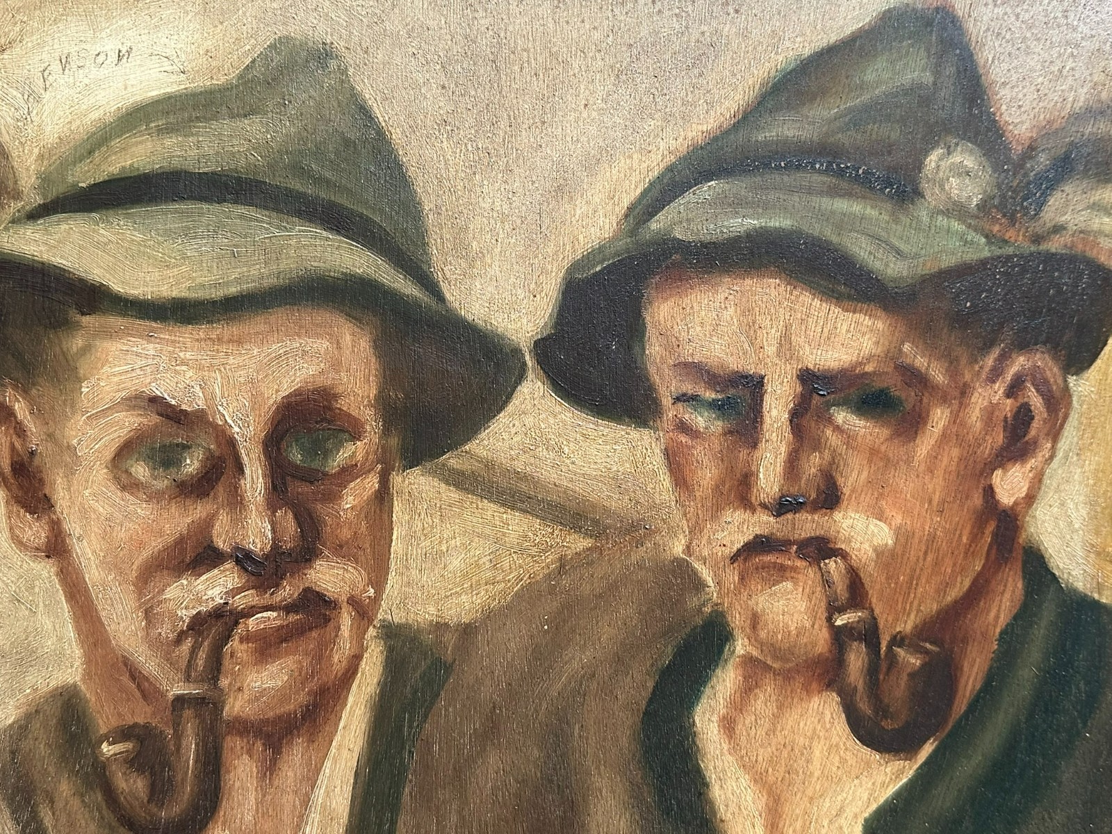 ÖLGEMÄLDE PORTRAIT ZWEI BAUER MIT PFEIFE UND HUT