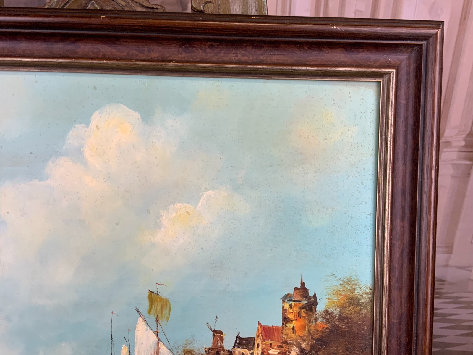 ÖLGEMÄLDE AUF HOLZPLATTE KÜSTEN LANDSCHAFT MIT BOOTEN – Bild 8