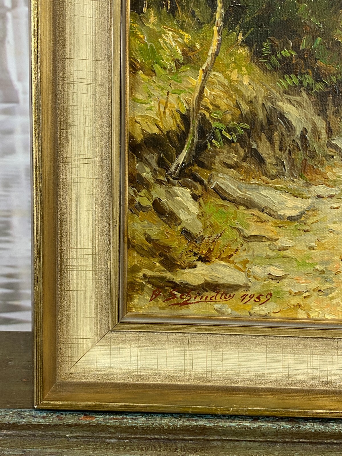 ÖLGEMÄLDE LANDSCHAFT VOR GEBIRGE GEMÄLDE GERAHMT SIGNIERT J. SCHINDLER 1959 – Bild 11
