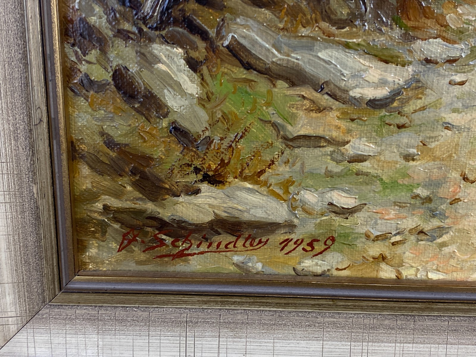 ÖLGEMÄLDE LANDSCHAFT VOR GEBIRGE GEMÄLDE GERAHMT SIGNIERT J. SCHINDLER 1959 – Bild 7