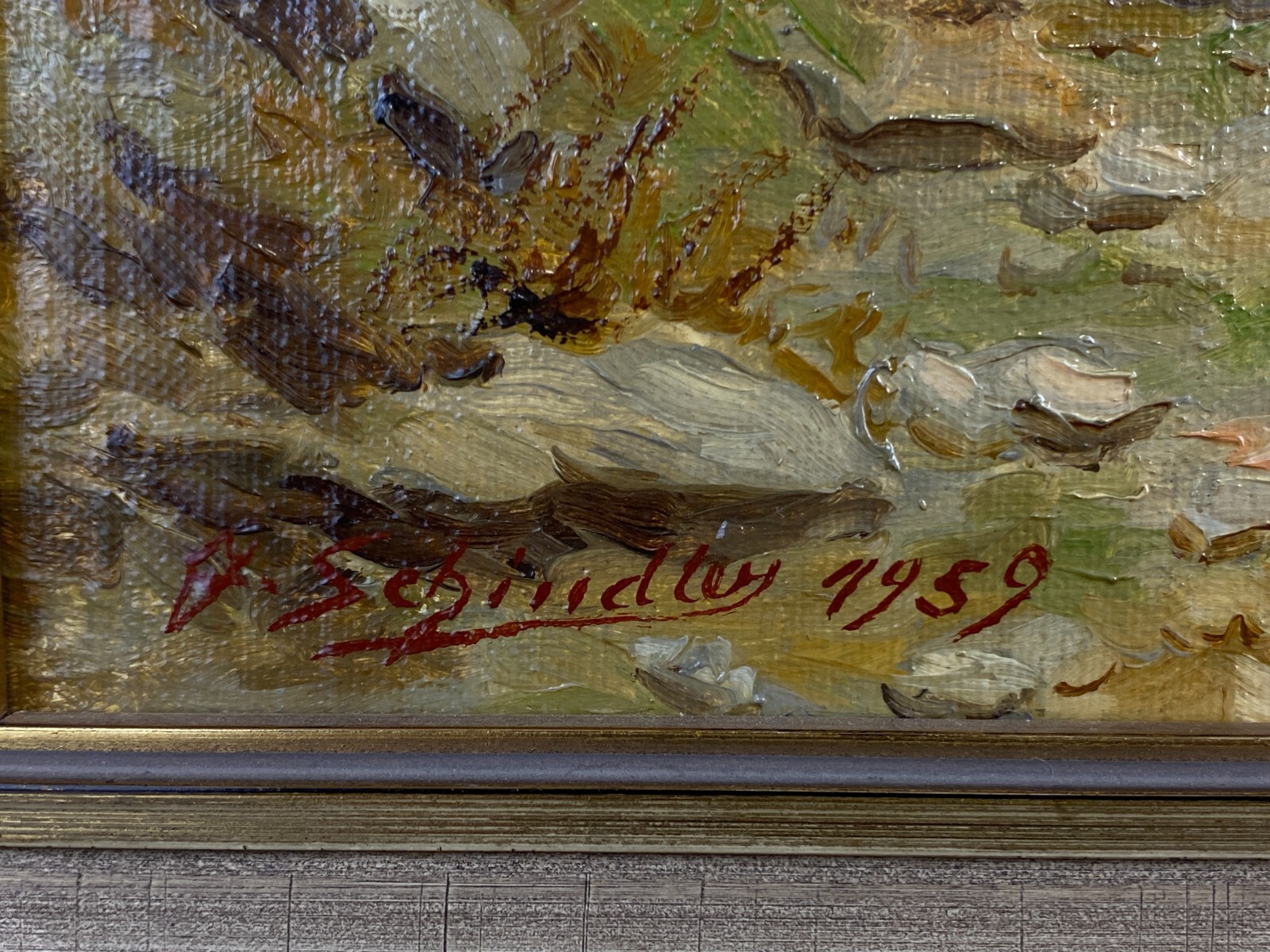 ÖLGEMÄLDE LANDSCHAFT VOR GEBIRGE GEMÄLDE GERAHMT SIGNIERT J. SCHINDLER 1959 – Bild 8