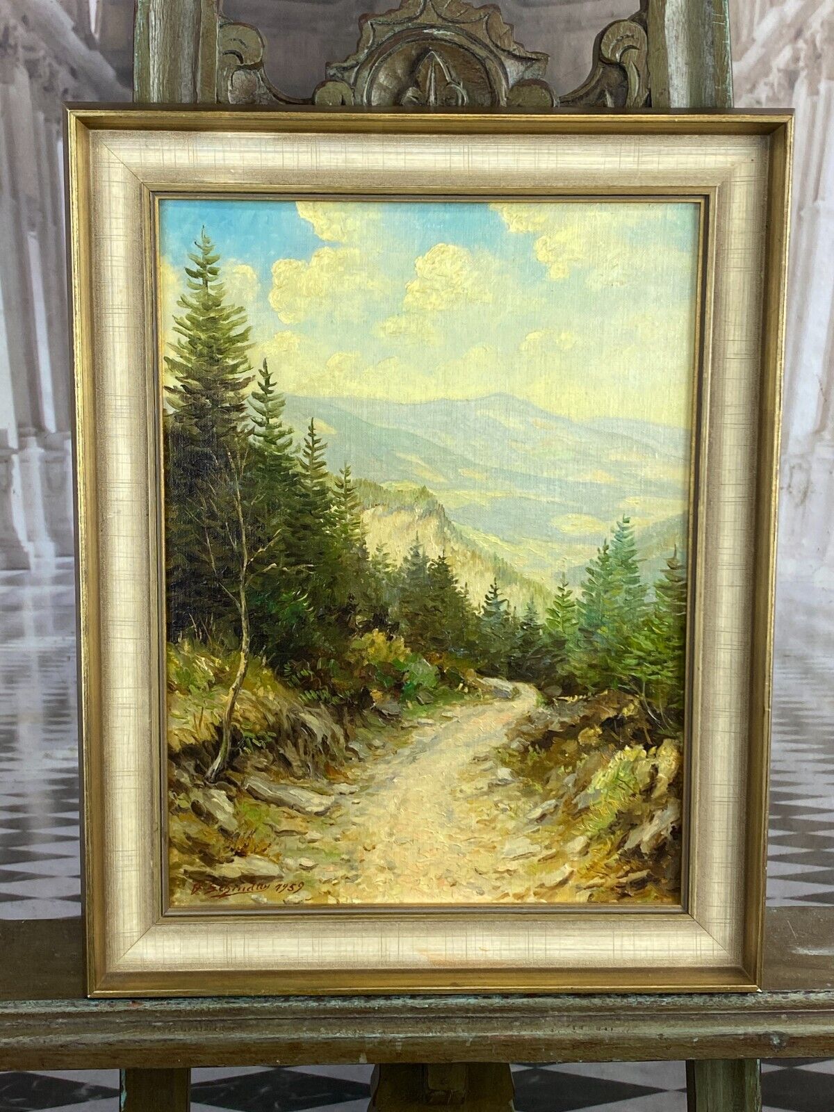 ÖLGEMÄLDE LANDSCHAFT VOR GEBIRGE GEMÄLDE GERAHMT SIGNIERT J. SCHINDLER 1959