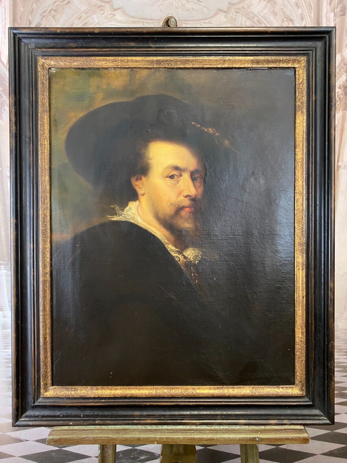 ANTIKES ÖLGEMÄLDE UM 1900 SELBSTPORTRAIT NACH PETER PAUL RUBENS MANN MIT HUT – Bild 3