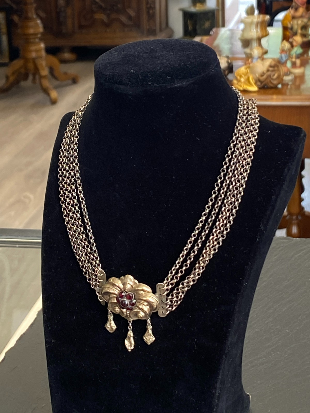 ANTIKE HALSKETTE KROPFKETTE TRACHTENKETTE STERLING SILBER VERGOLDET GRANAT 19JH