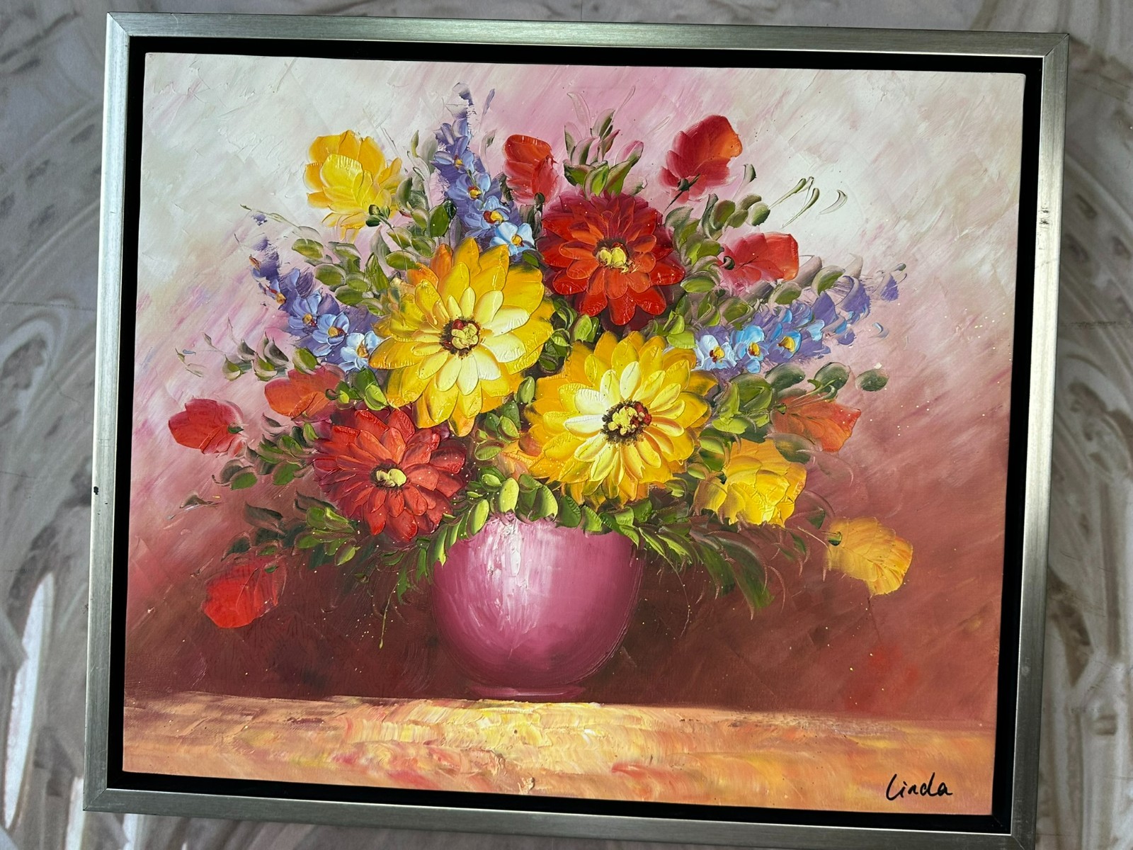 ÖLGEMÄLDE AUF LEINWAND GEMÄLDE BLUMEN STILLLEBEN RAHMEN SIGNIERT – Bild 3