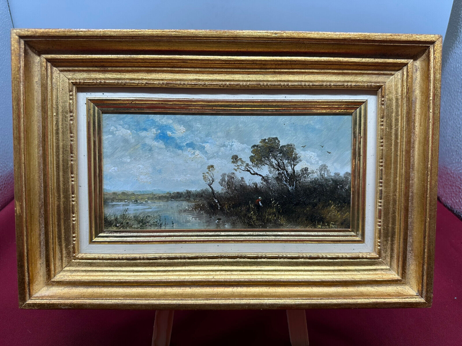 ÖLGEMÄLDE AUF PLATTE IN PRUNKRAHMEN FRAU AM WEIHER MOOR LANDSCHAFT LUDWIG FREY