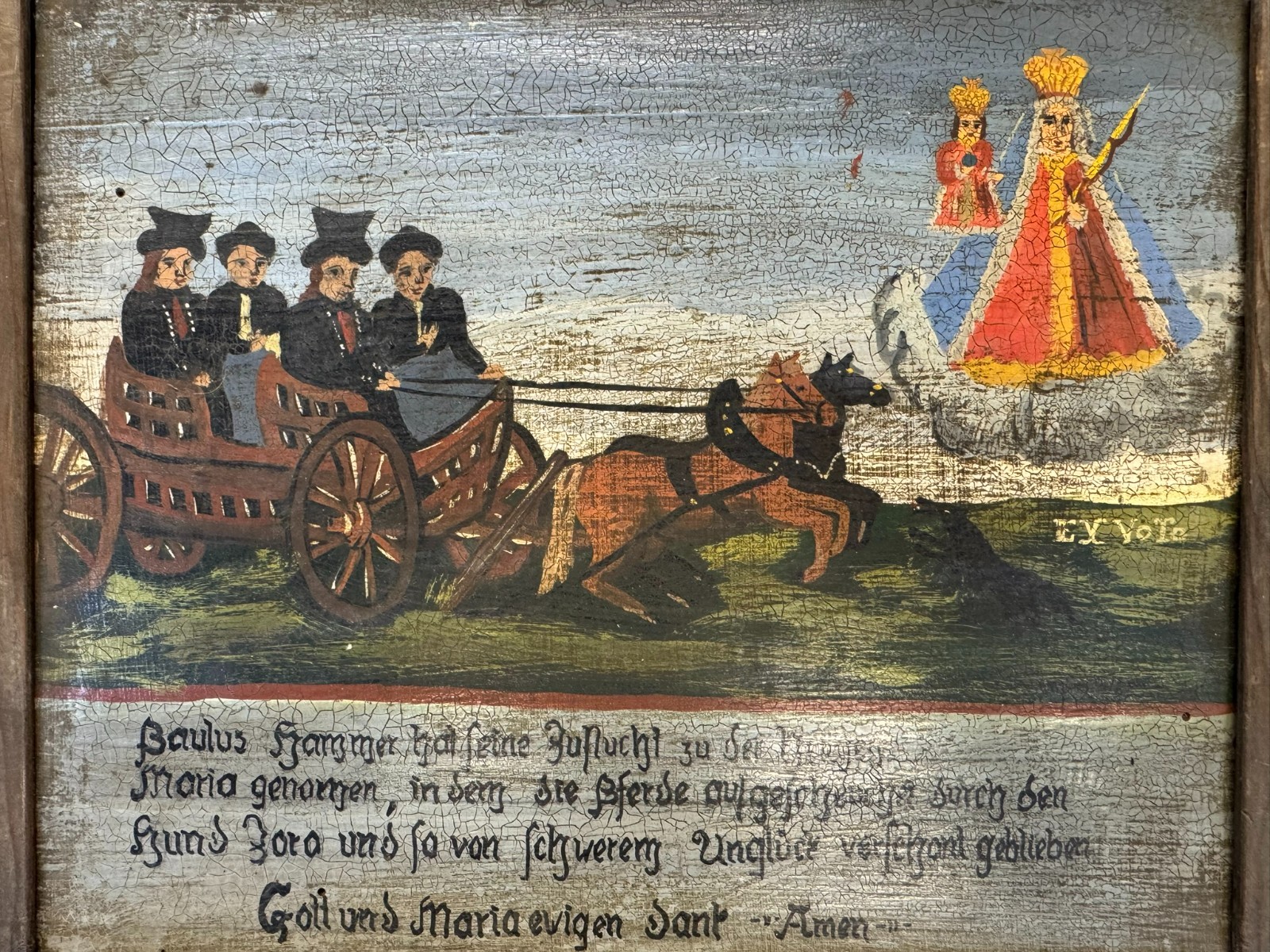 ANTIKES VOTIVBILD EX VOTO MARIA MIT JESUS KIND PFERDE KUTSCHE