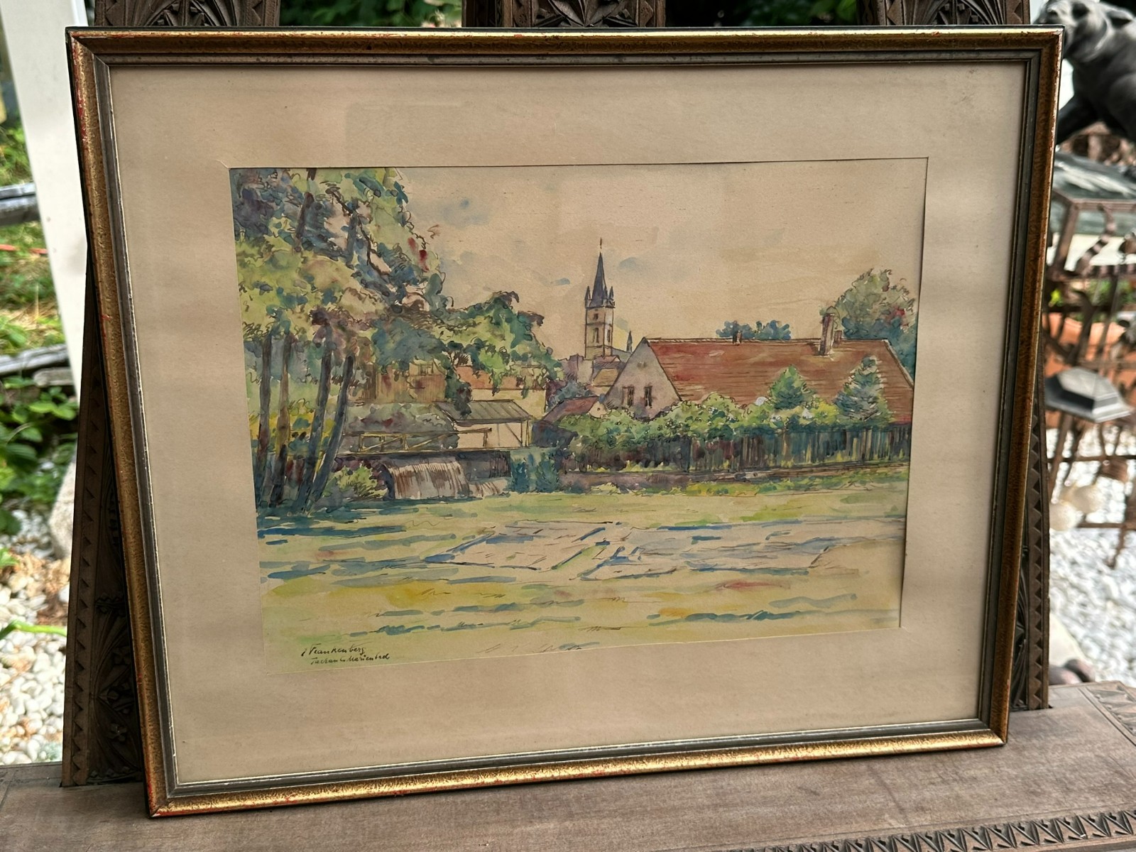 Erich FRANKENBERG AQUARELL TACHAU MARIENBAD DORF LANDSCHAFT GERAHMT – Bild 4