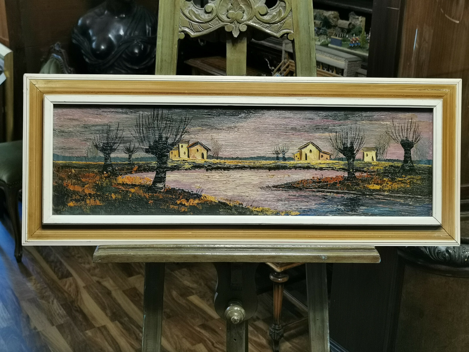 PANORAMA ÖLGEMÄLDE HÄUSER AM WEIHER GERAHMT ABMESSUNGEN GESAMT 91x35cm – Bild 3