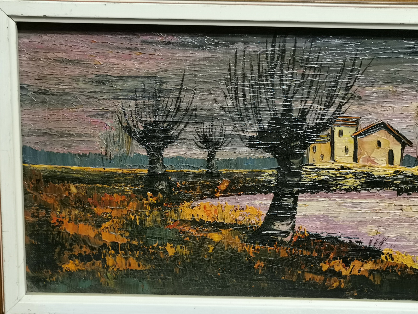 PANORAMA ÖLGEMÄLDE HÄUSER AM WEIHER GERAHMT ABMESSUNGEN GESAMT 91x35cm – Bild 4