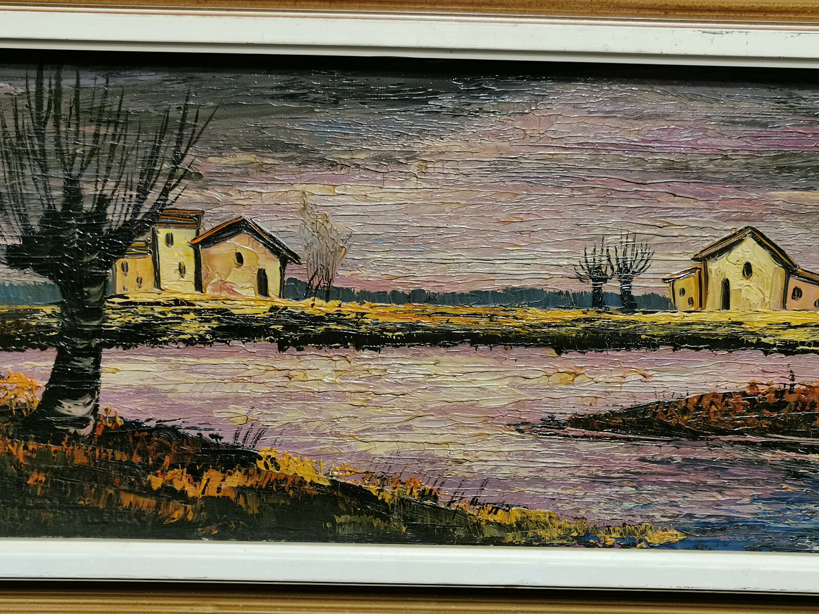 PANORAMA ÖLGEMÄLDE HÄUSER AM WEIHER GERAHMT ABMESSUNGEN GESAMT 91x35cm – Bild 5