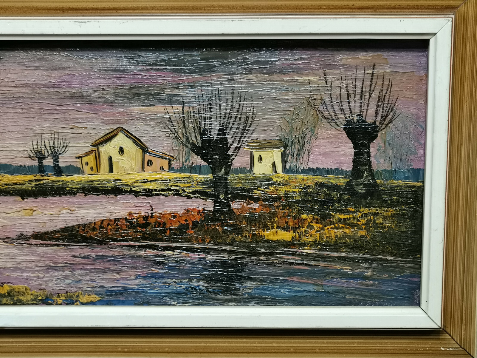 PANORAMA ÖLGEMÄLDE HÄUSER AM WEIHER GERAHMT ABMESSUNGEN GESAMT 91x35cm – Bild 6